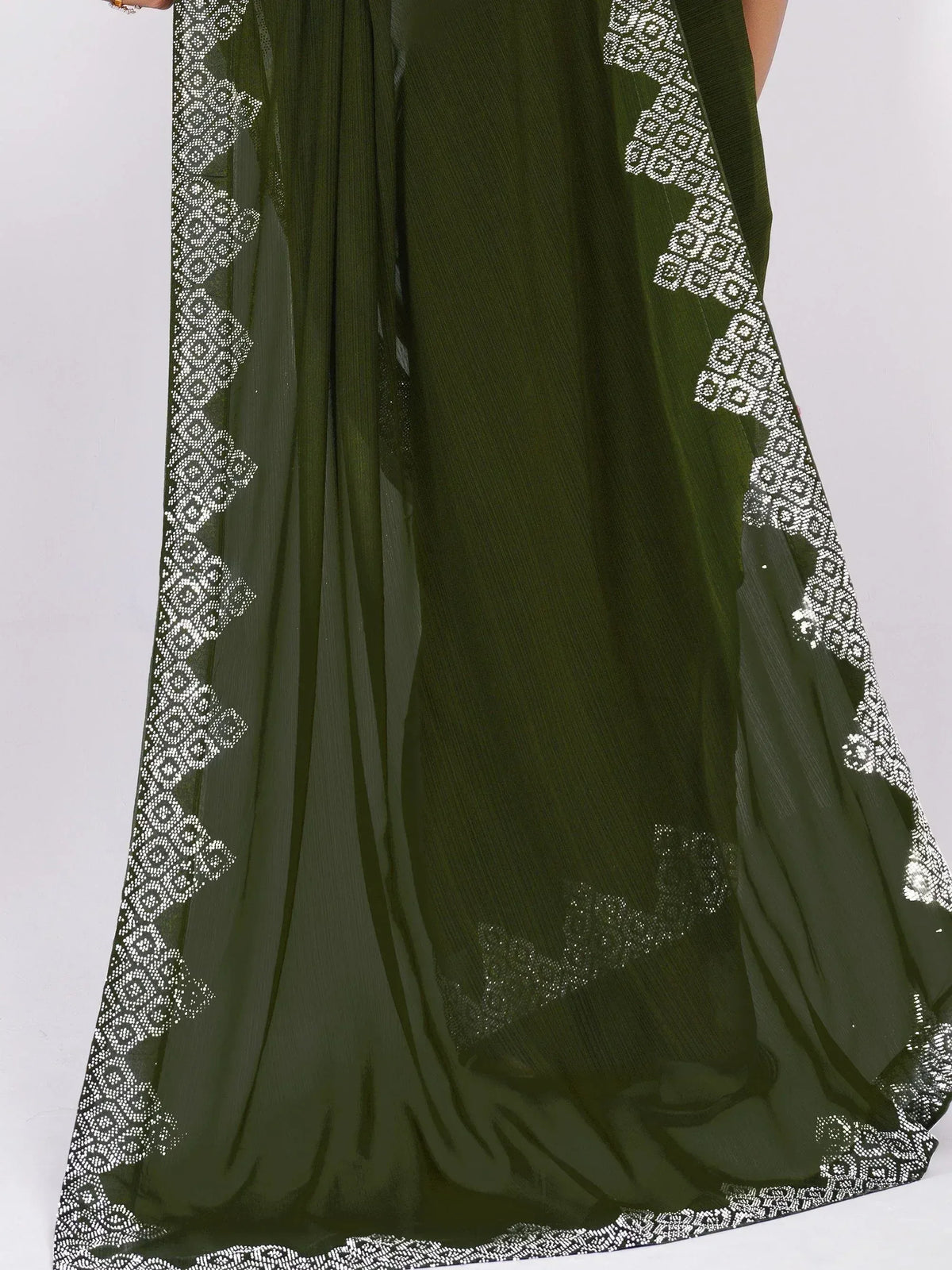 Olive green ethnic gown with white floral embroidery and sheer overlay, perfect for Indian occasions.
