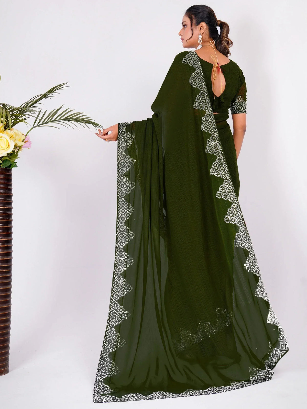 Olive green saree with white embroidered border, back view, ethnic wear for women
