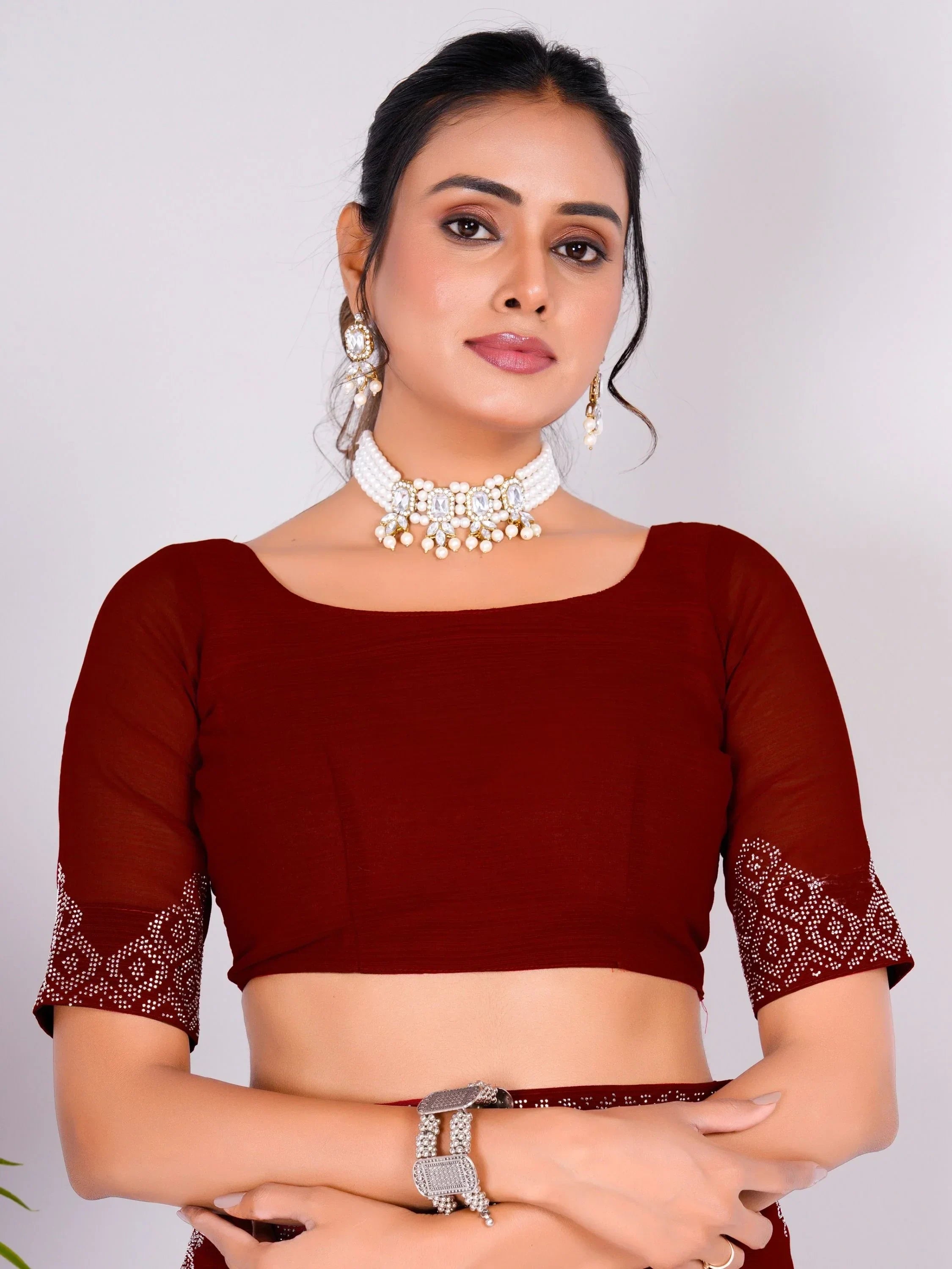 Stunning Maroon Swarovski Work Georgette Designer Saree With Blouse