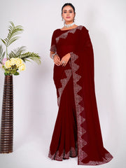 Stunning Maroon Swarovski Work Georgette Designer Saree With Blouse