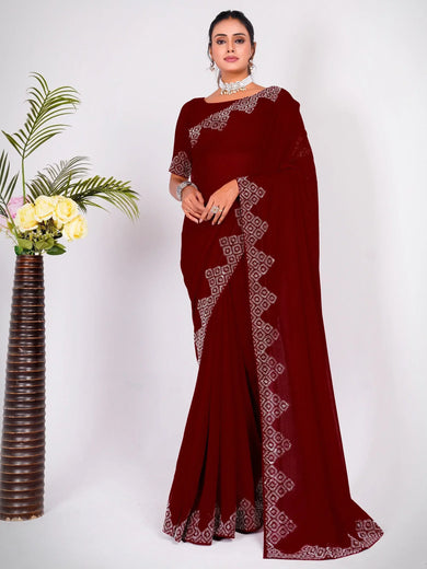 Stunning Maroon Swarovski Work Georgette Designer Saree With Blouse