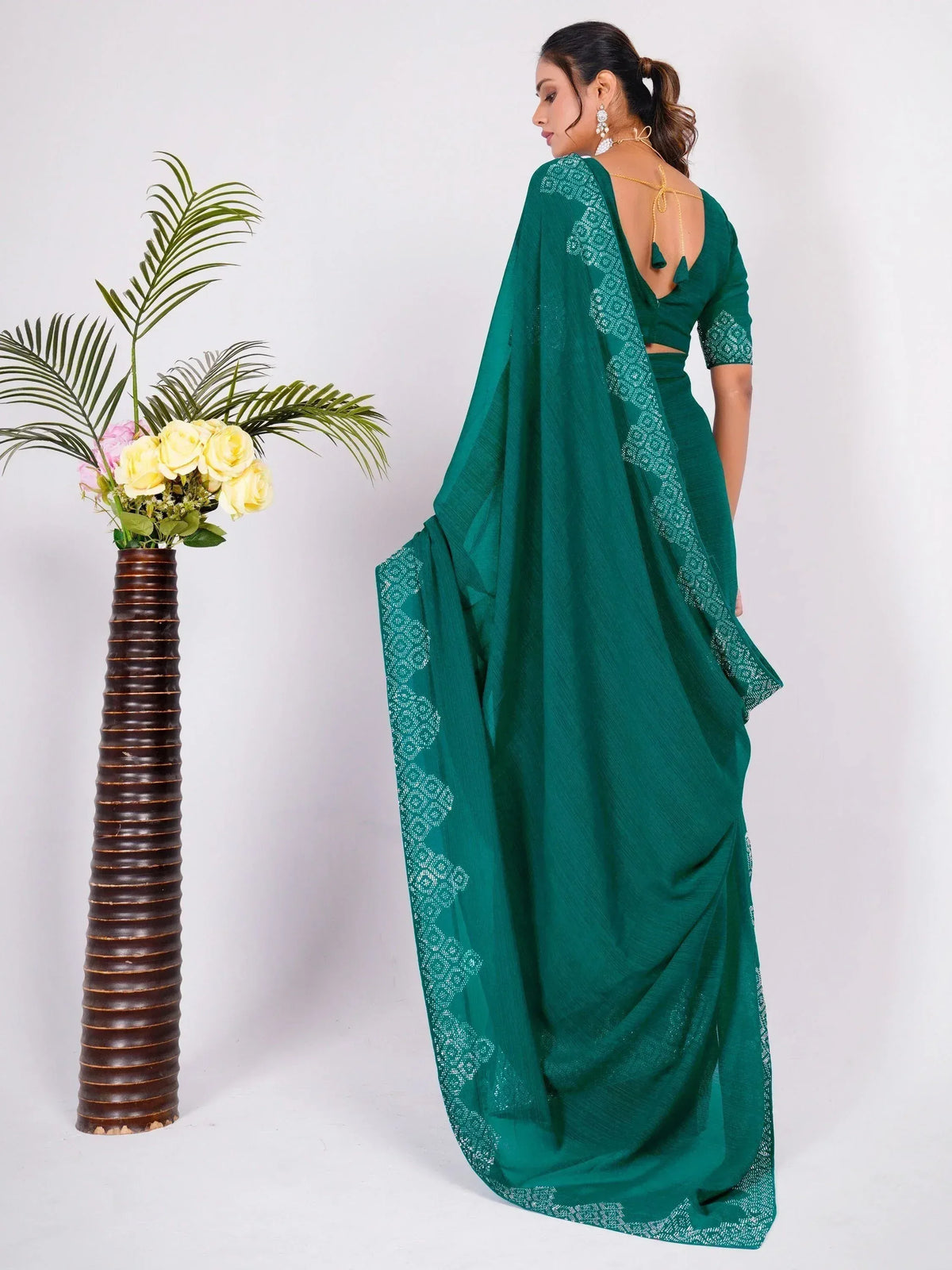 Emerald green saree with white embroidery, backless blouse, ethnic wear for women