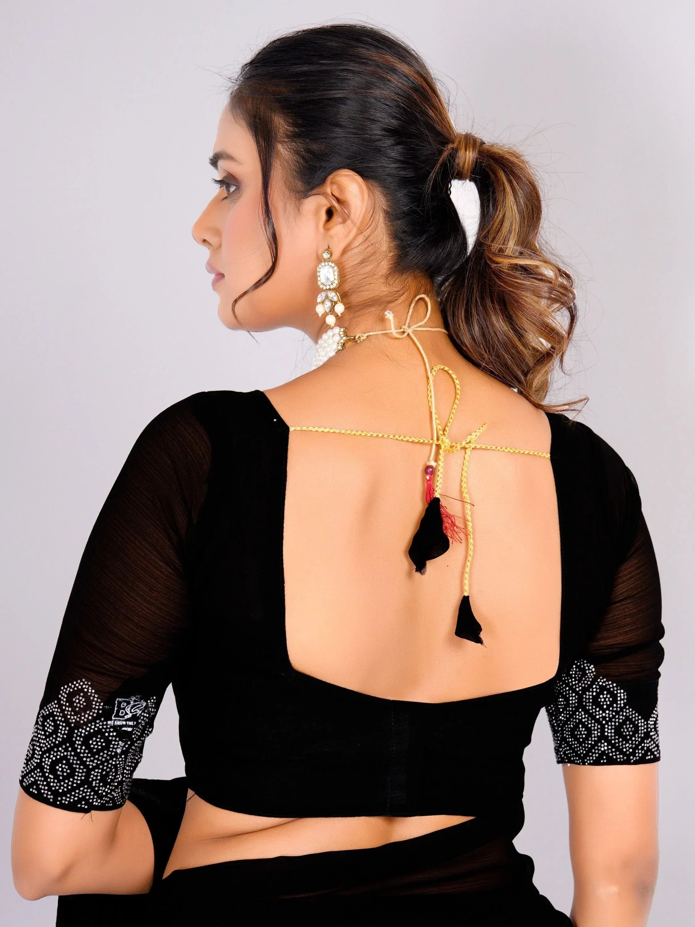 Lovely Black Swarovski Work Georgette Party Wear Saree With Blouse