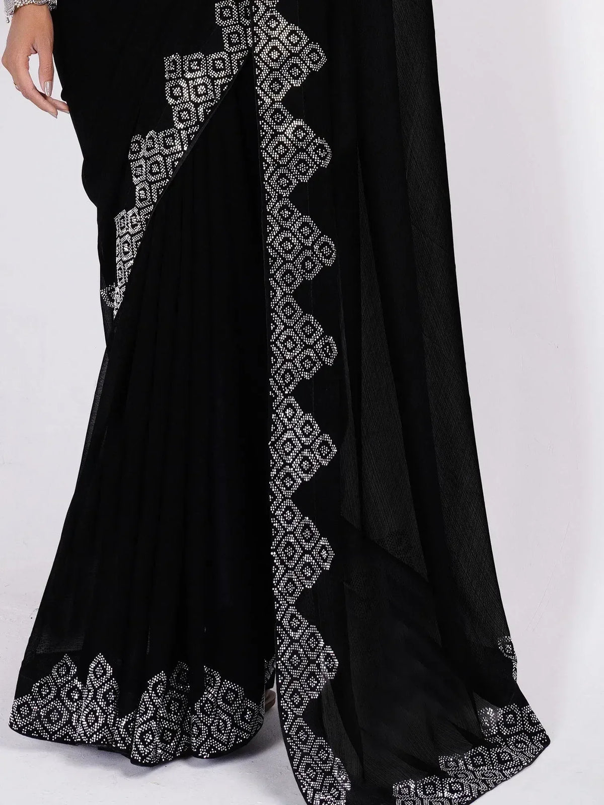 Black saree with white geometric embroidery, elegant ethnic wear for women