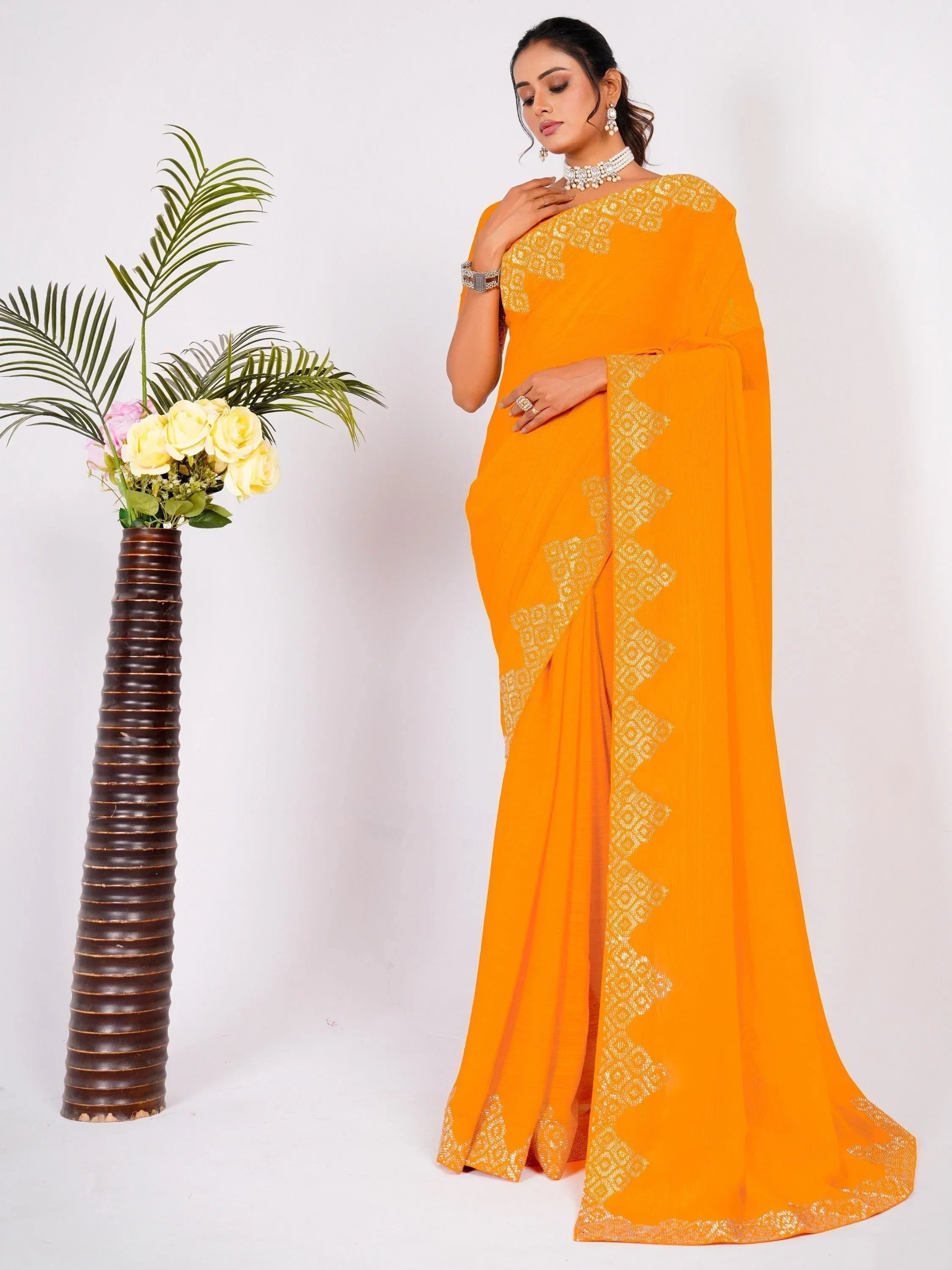 Charming Yellow Swarovski Work Georgette Haldi Wear Saree