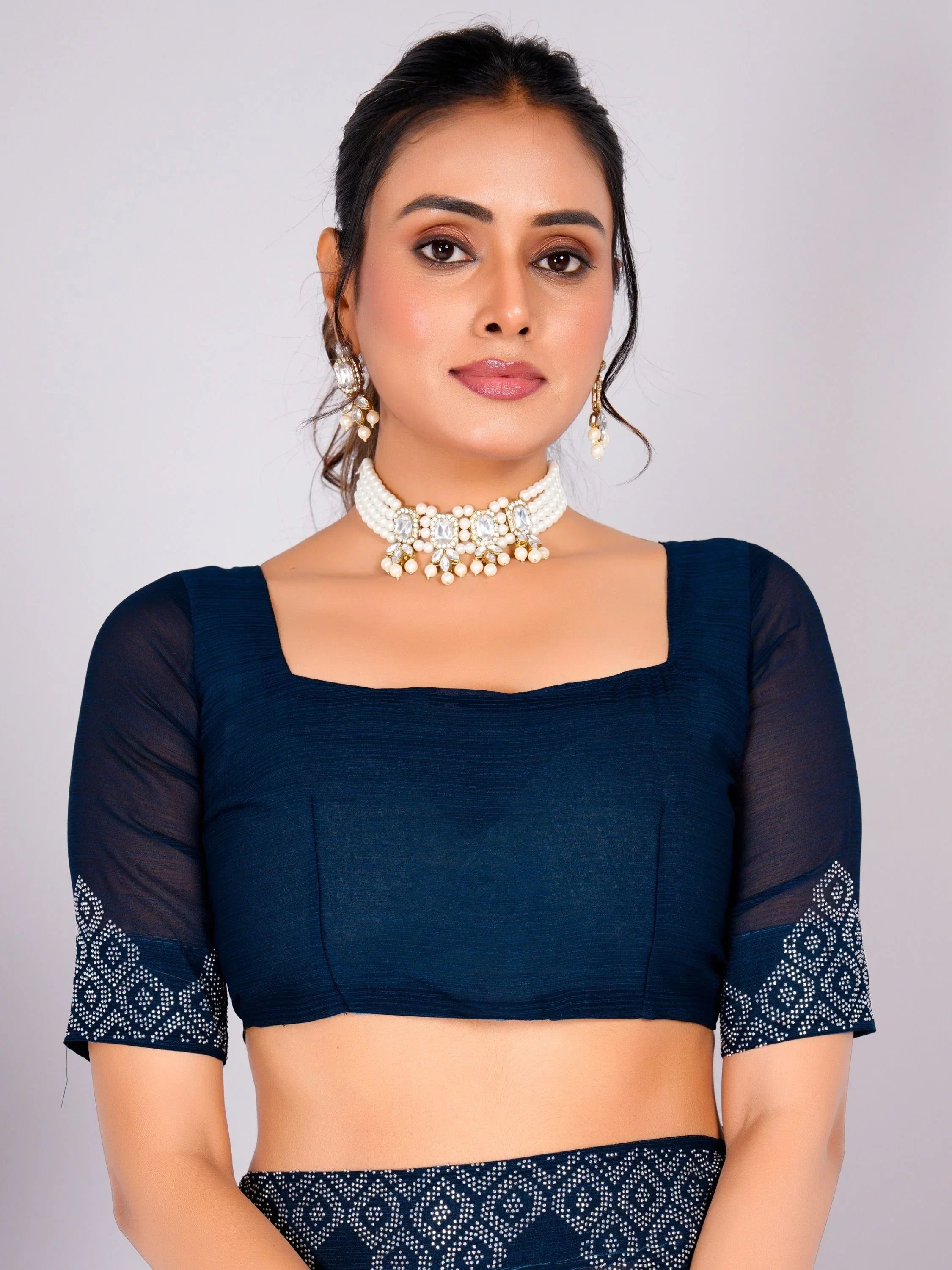 Magnetic Navy Blue Swarovski Work Georgette Reception Wear Saree