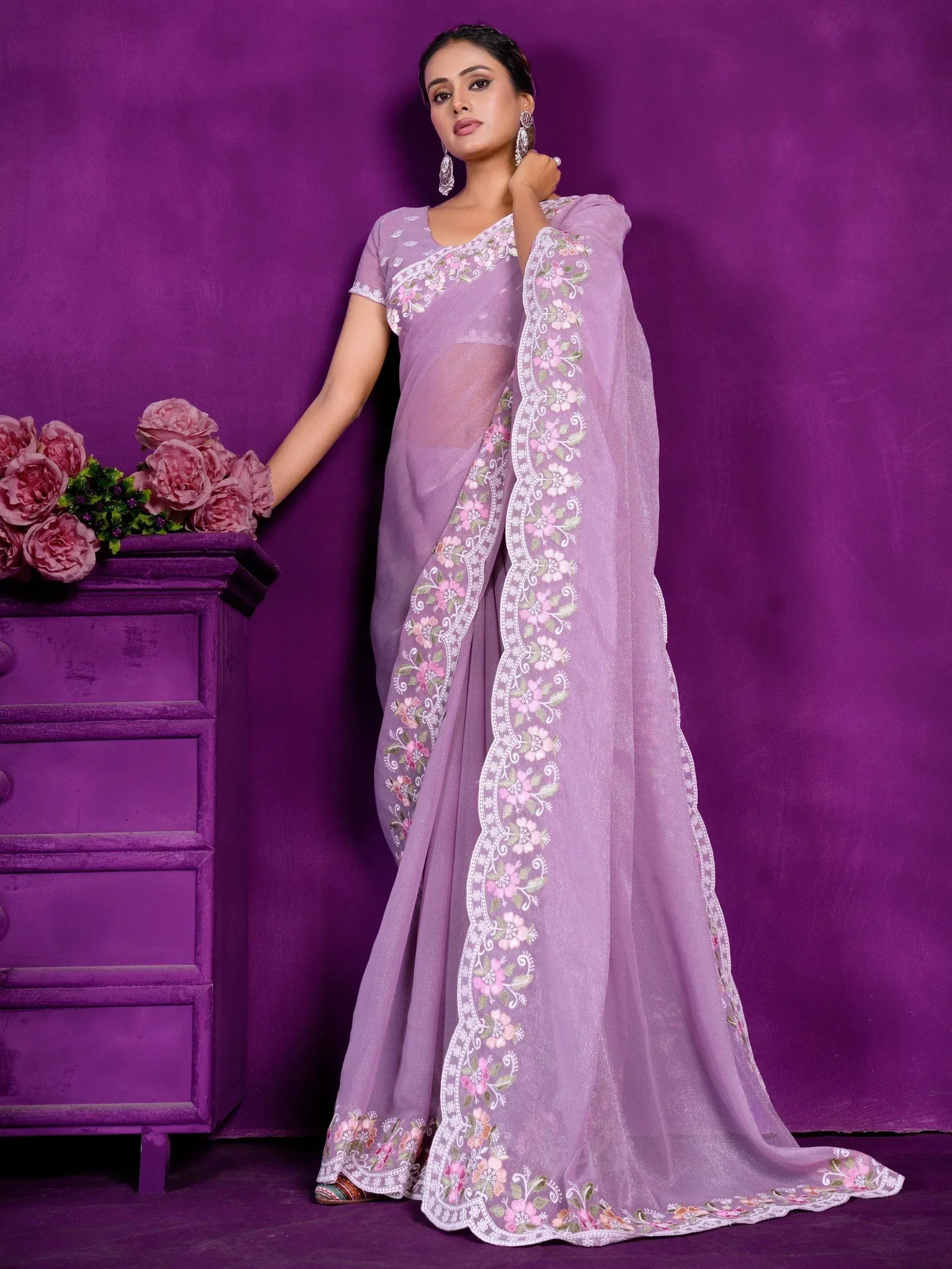 Lavender embroidered saree with floral border, Indian ethnic wear for women
