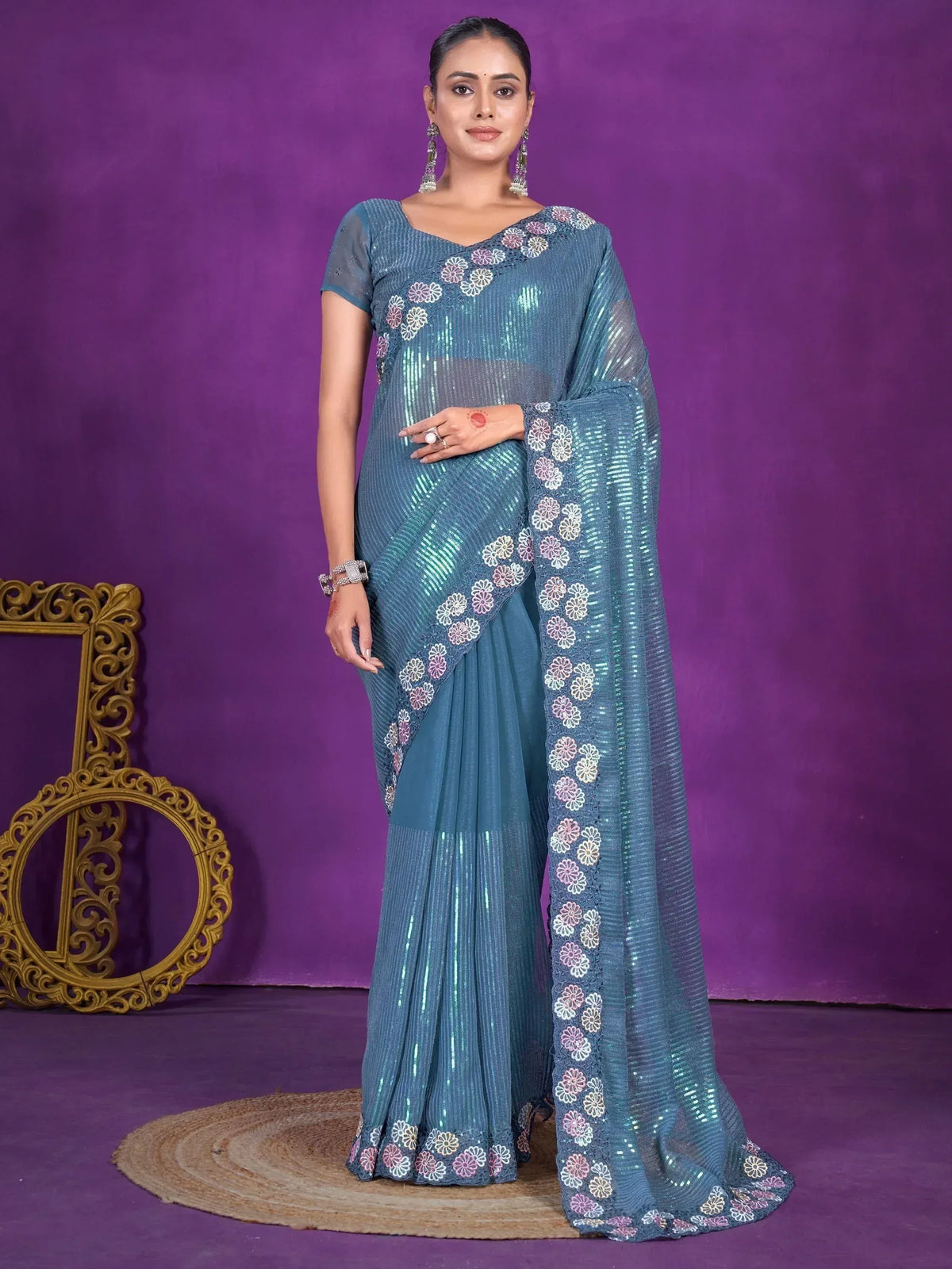 Teal sequin saree with floral embroidery, stylish Indian ethnic wear for women