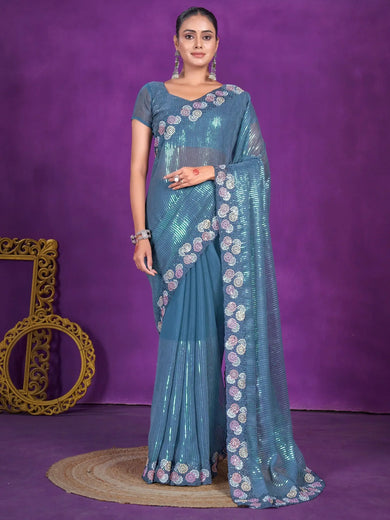 Mesmerizing Dusty Blue Sequins Organza Party Wear Saree With Blouse