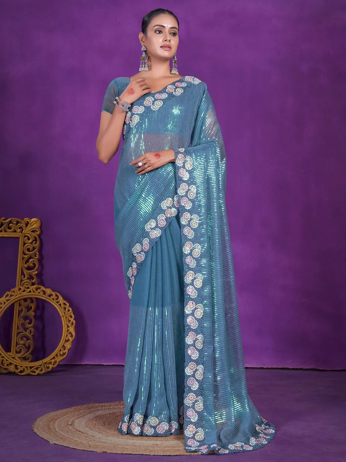 Teal sequin saree with floral embroidery, Indian ethnic wear for women