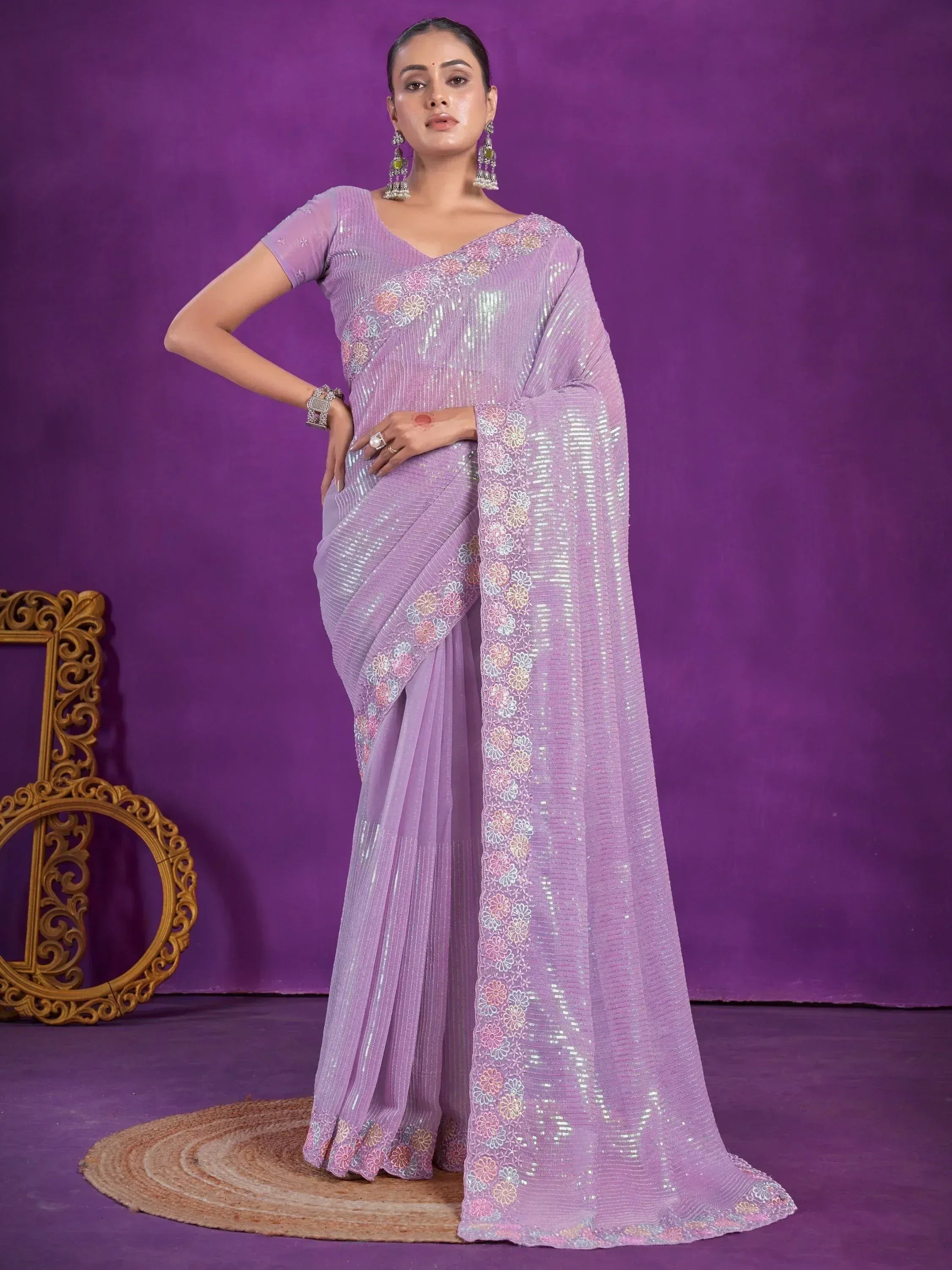 Lavender sequin saree with floral embroidery, perfect for Indian ethnic wear events