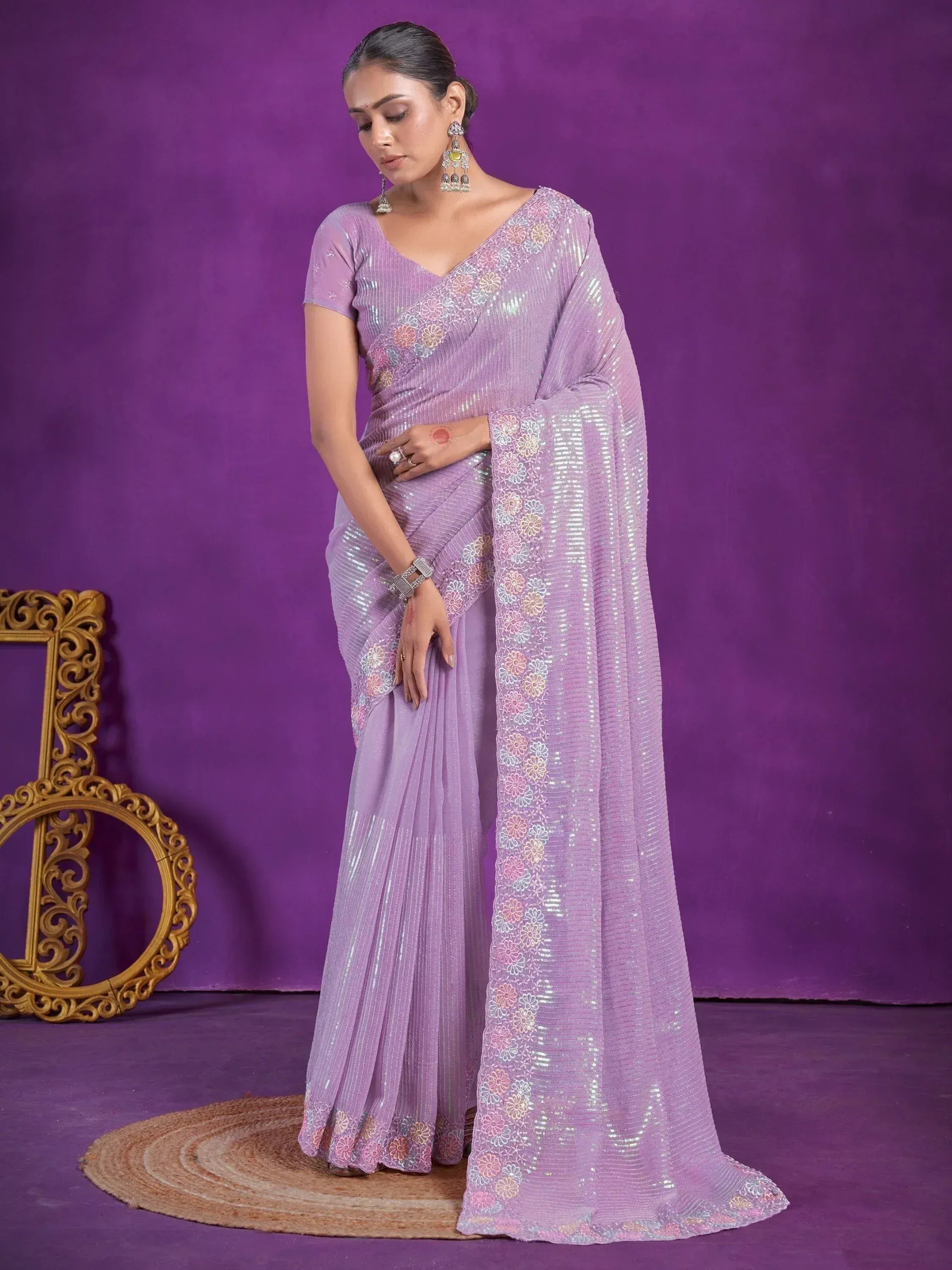 Lavender sequin saree with floral embroidery, perfect for Indian ethnic wear occasions