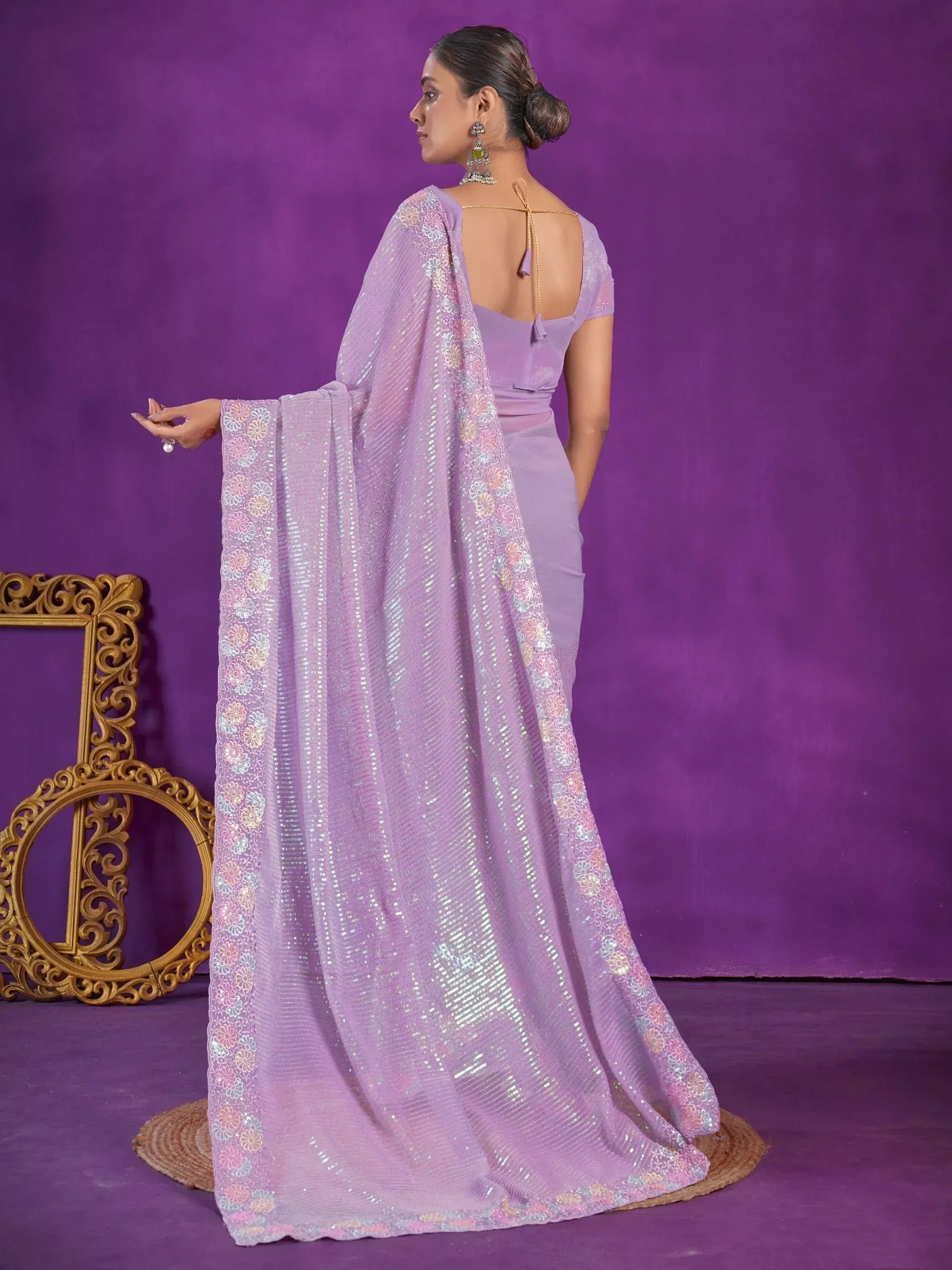 Lavender sequin saree with floral embroidery, back view, ethnic wear for women
