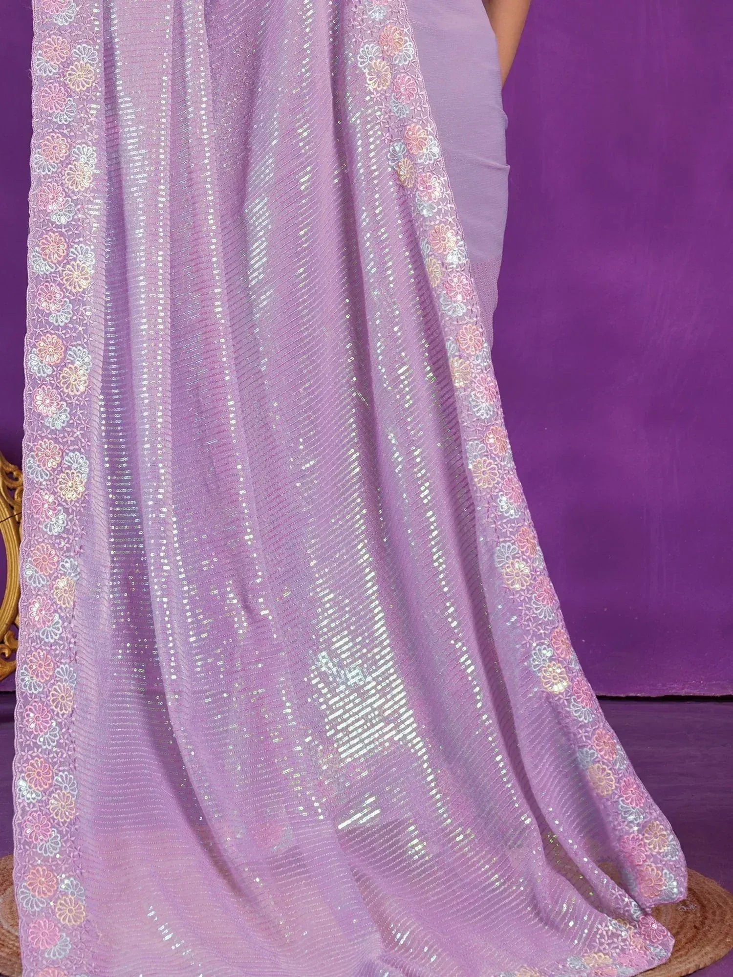Lavender sequin saree with floral border, ethnic Indian wear