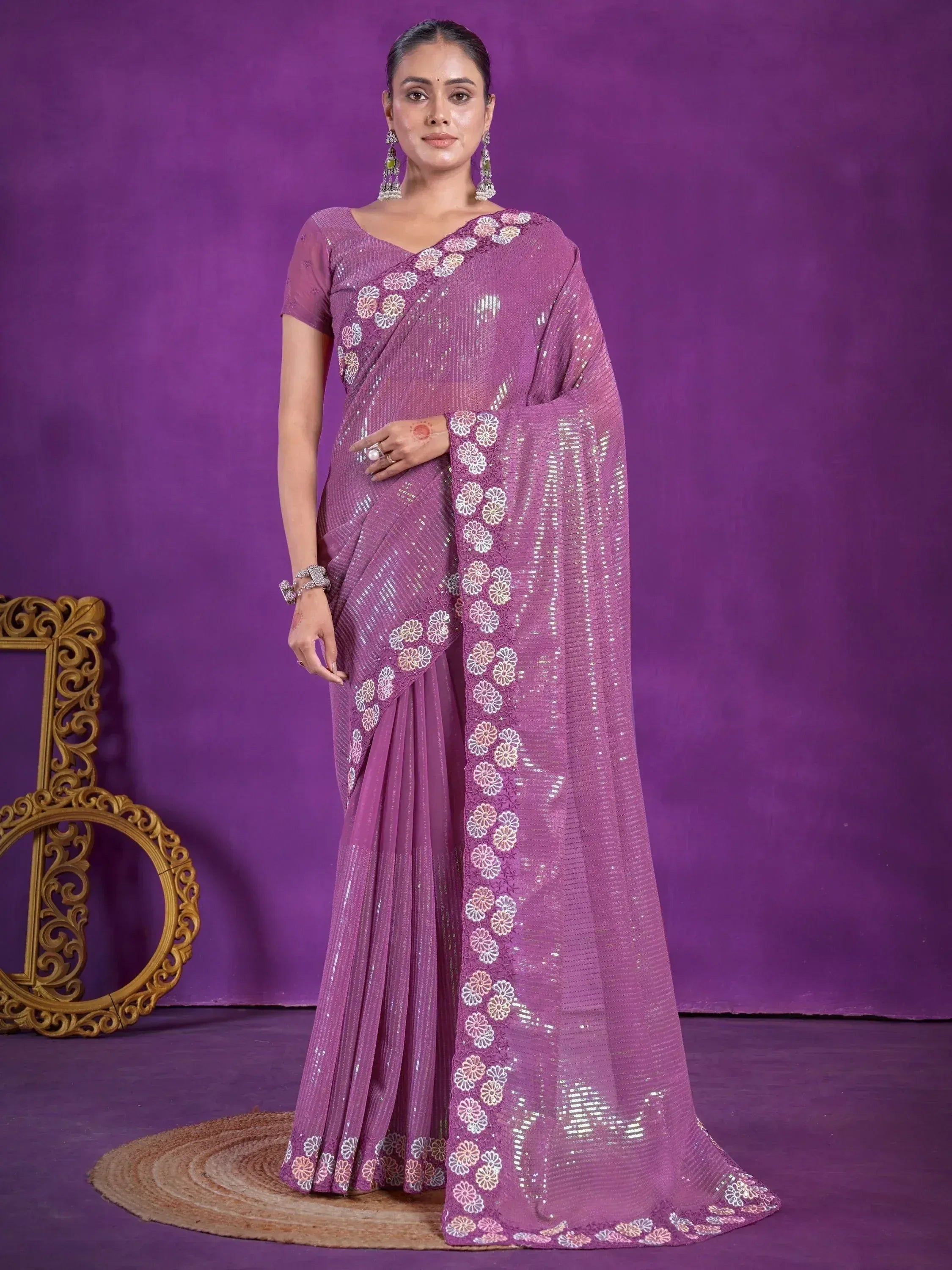 Purple sequin saree with floral embroidery, ethnic Indian wear for women