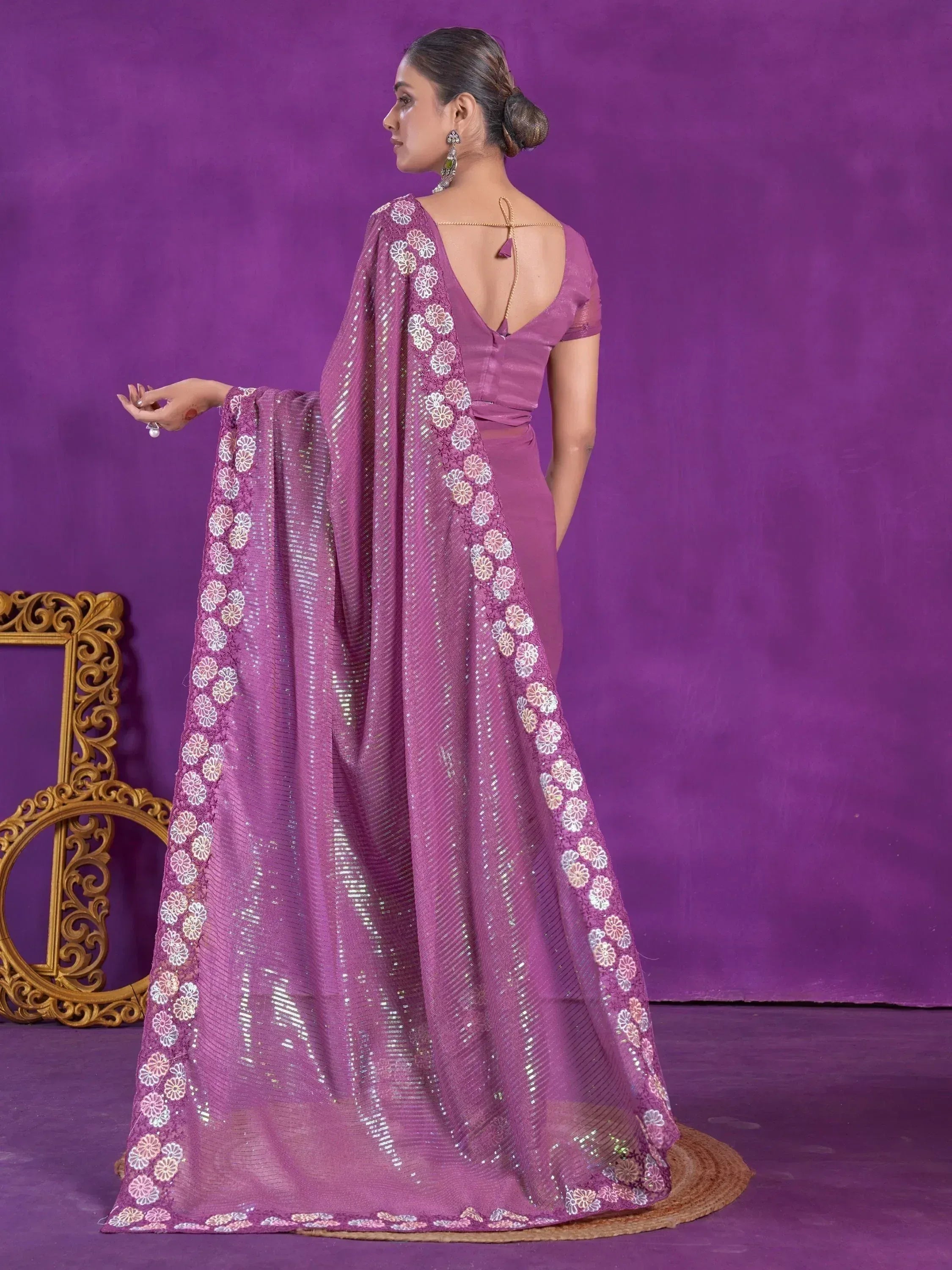 Purple sequin saree with floral embroidery, backless blouse, ethnic Indian wear