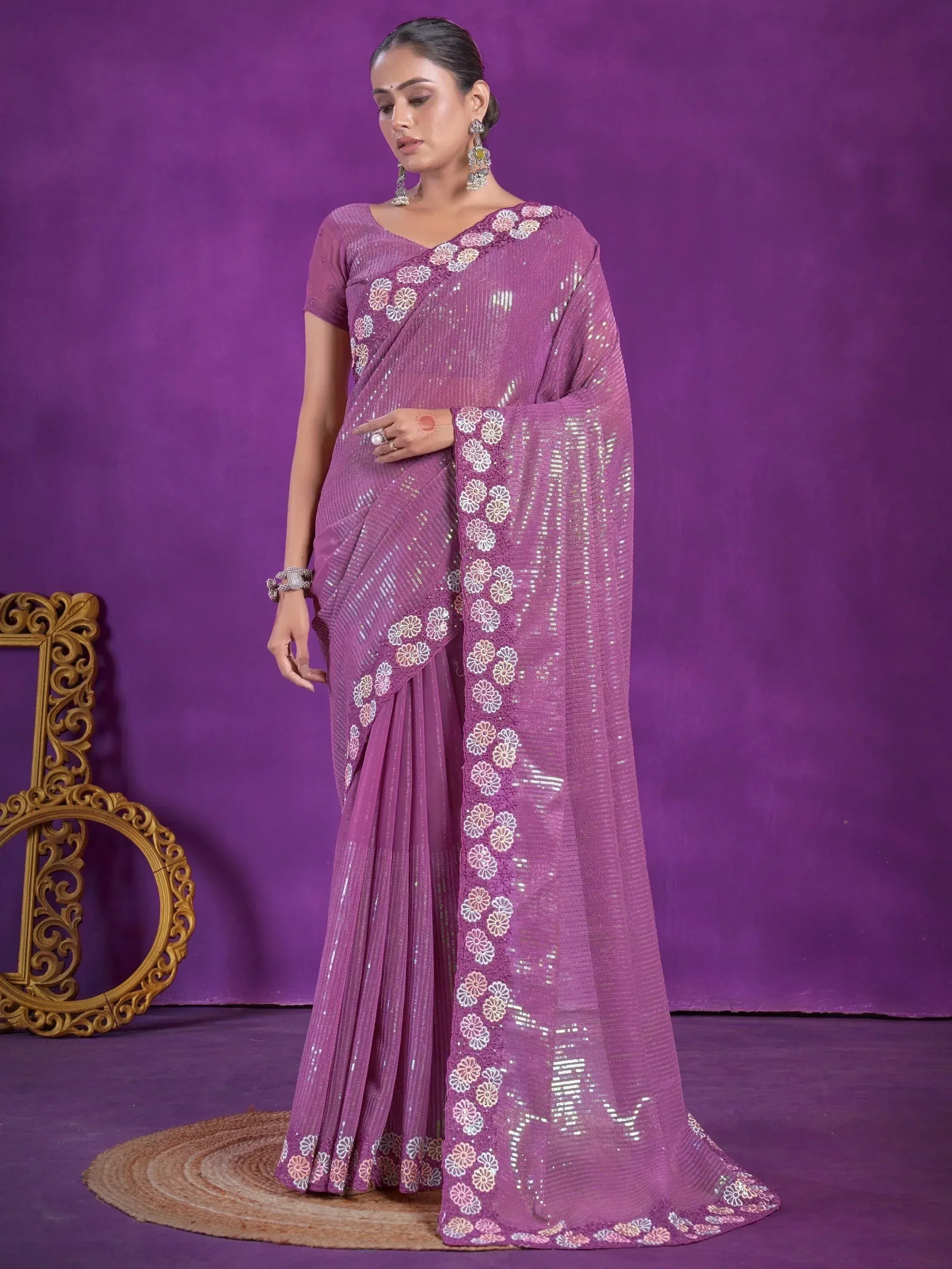 Purple sequin saree with floral embroidery, Indian ethnic wear for women