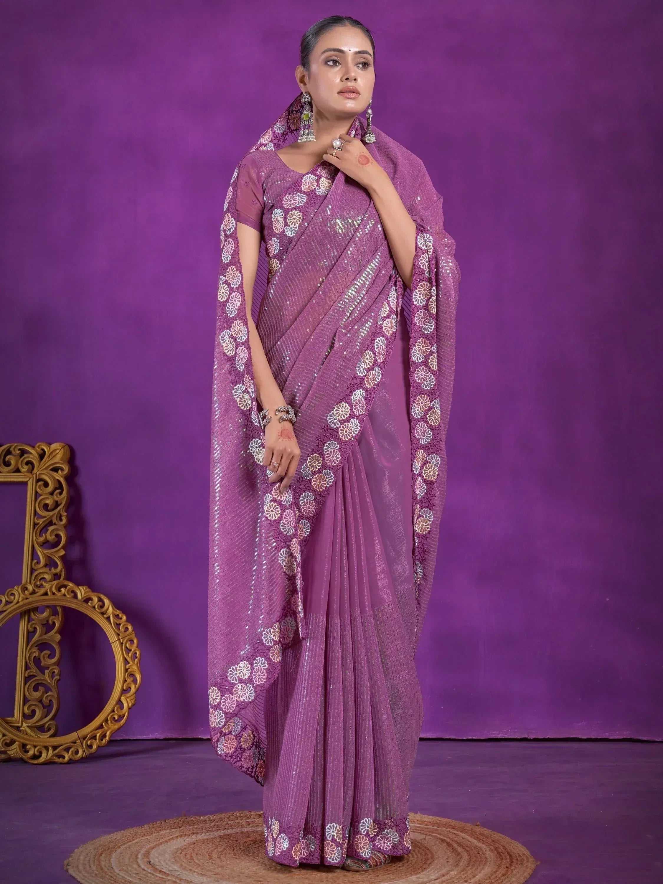 Purple sequin saree with floral embroidery, Indian ethnic wear for women