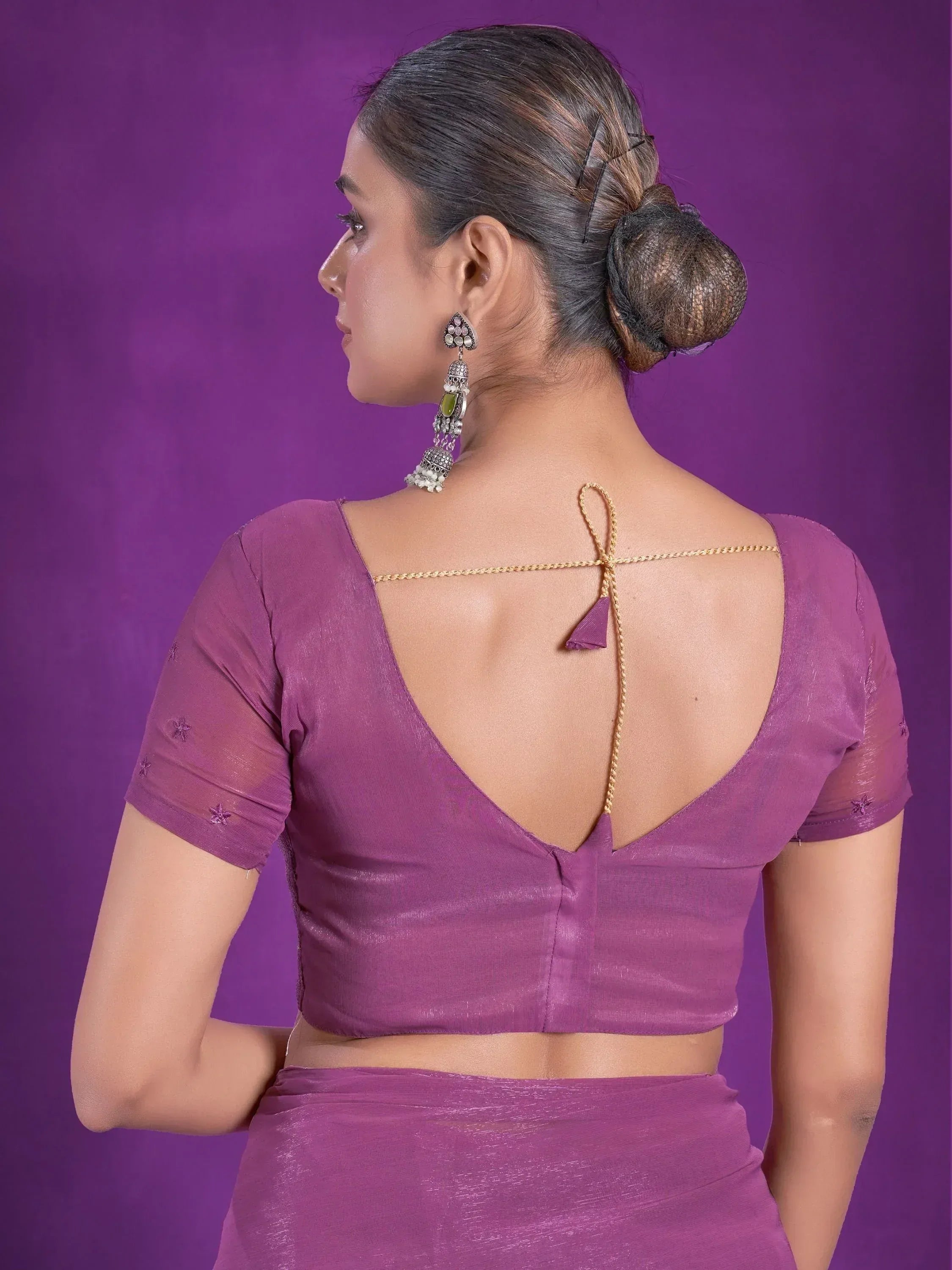 Purple saree blouse with back tie detail, ethnic wear for women, designer Indian blouse