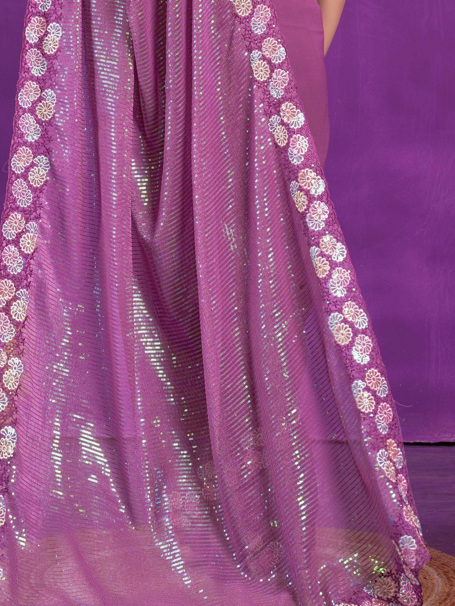 Purple sequined ethnic gown with floral embroidery, perfect for Indian festive wear