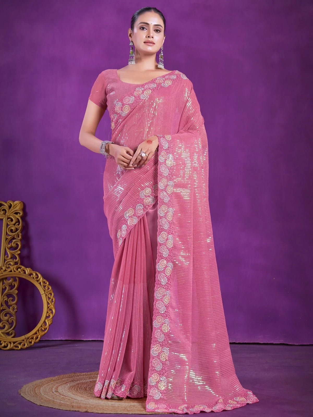 Pink sequin saree with floral embroidery, perfect for Indian ethnic wear occasions