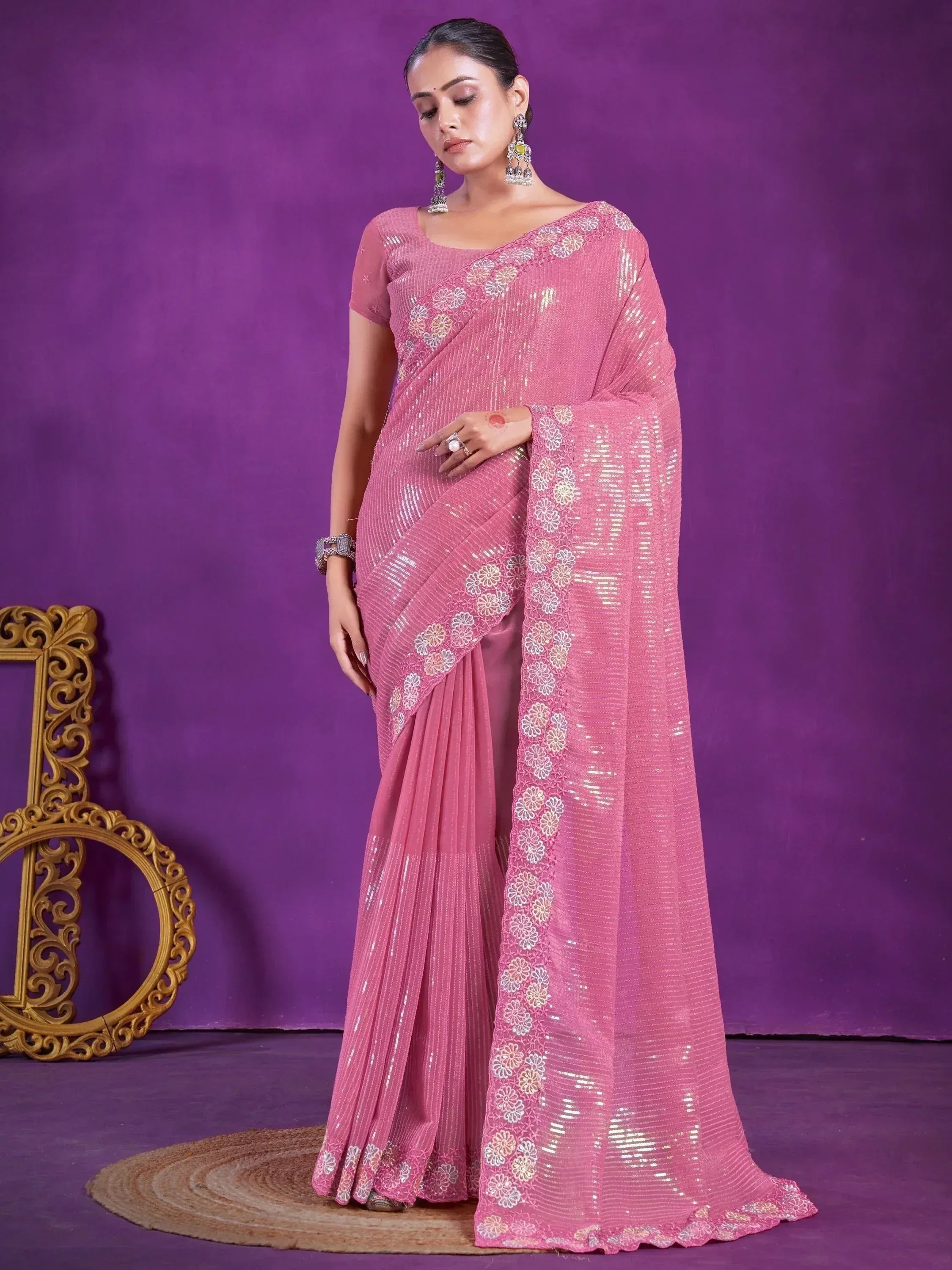 Pink sequin saree with floral embroidery, perfect for Indian ethnic occasions and festive wear