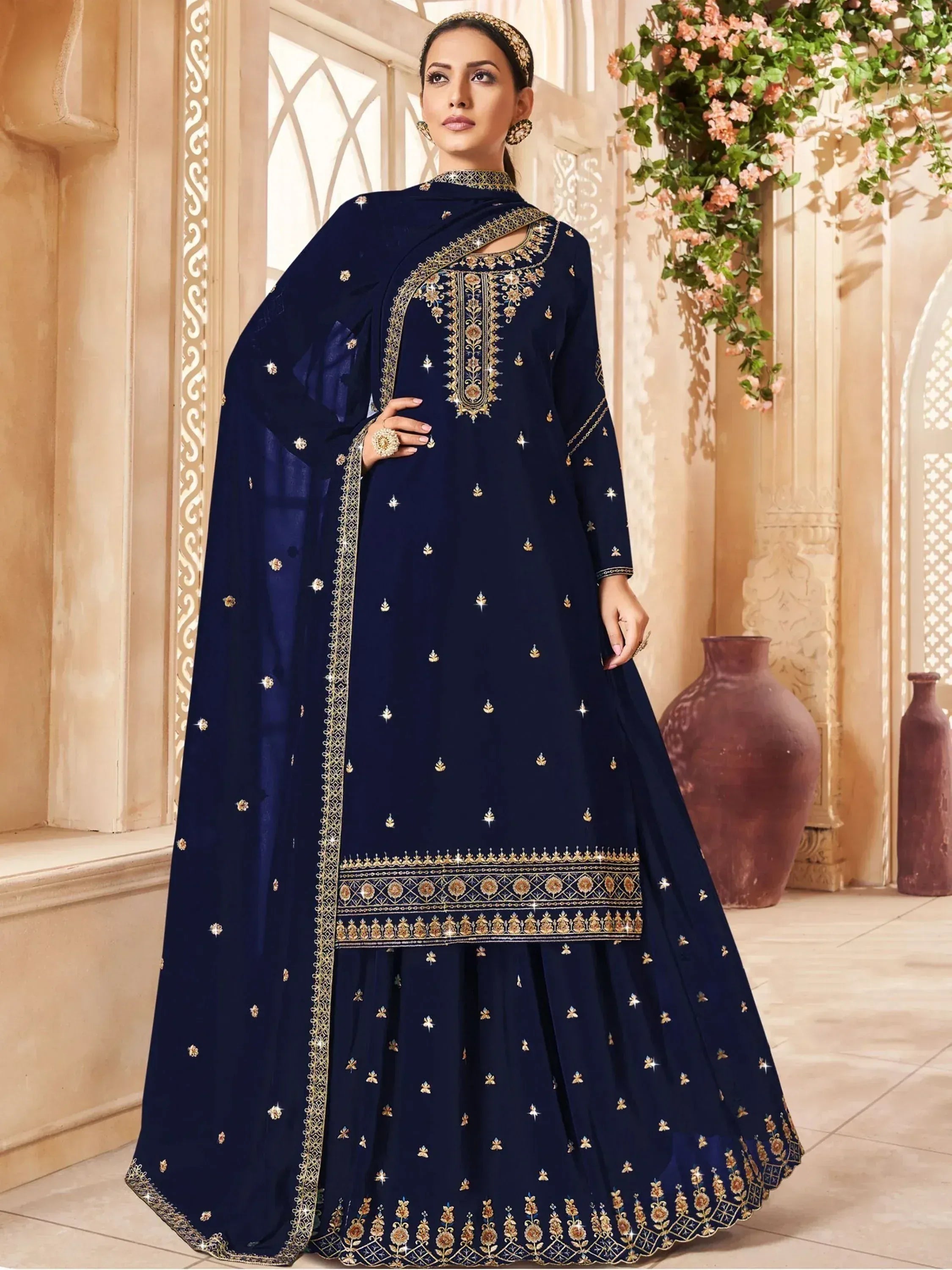 Navy blue embroidered Anarkali suit with gold detailing, perfect for Indian ethnic wear occasions