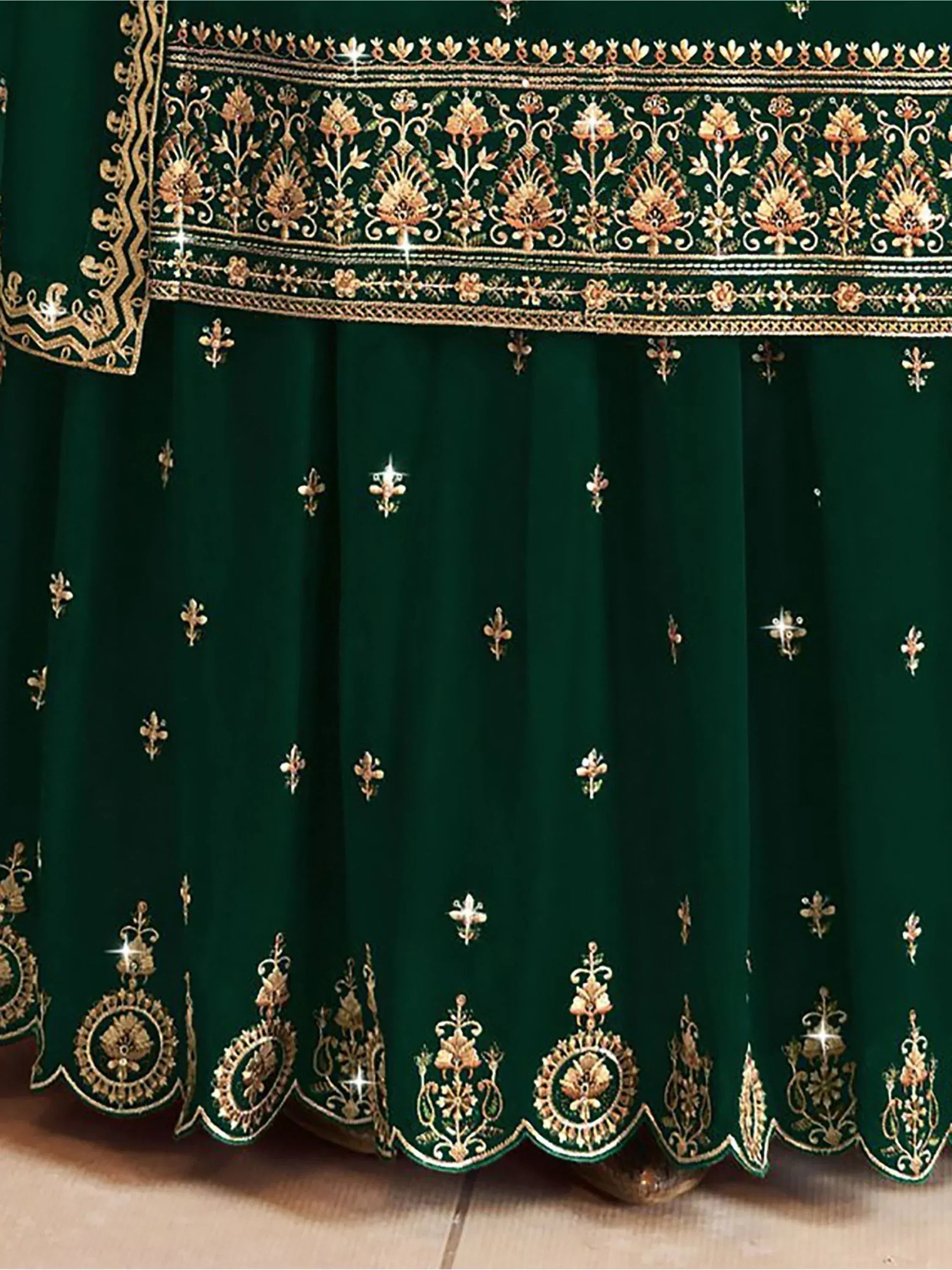 Emerald green lehenga with gold floral embroidery and scalloped hem, Indian ethnic wear