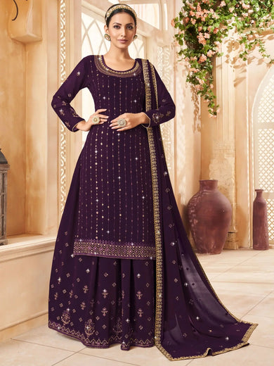 Amazing Purple Embroidered Georgette Reception Wear a Lehenga Suit