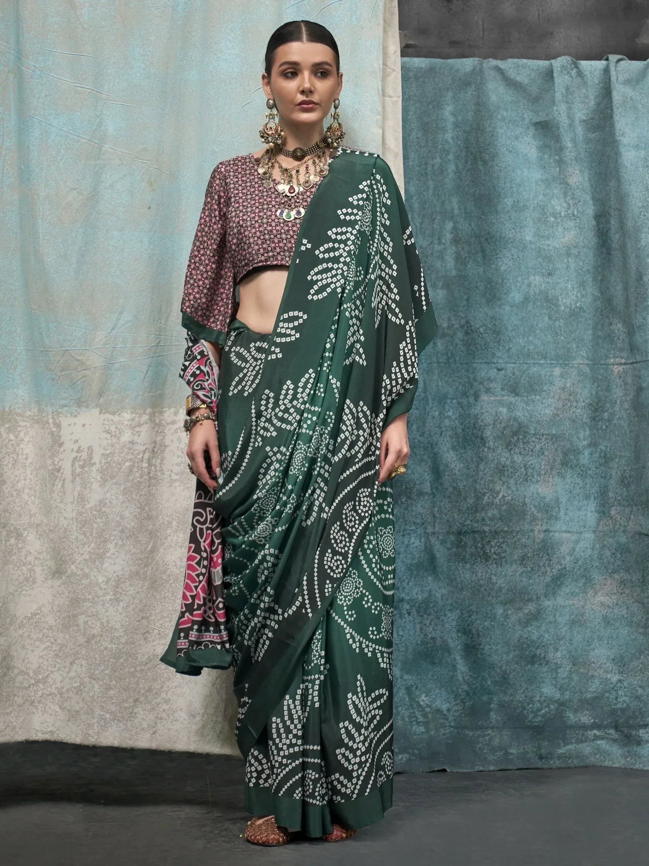 Green printed saree with patterned blouse, ethnic Indian wear for women