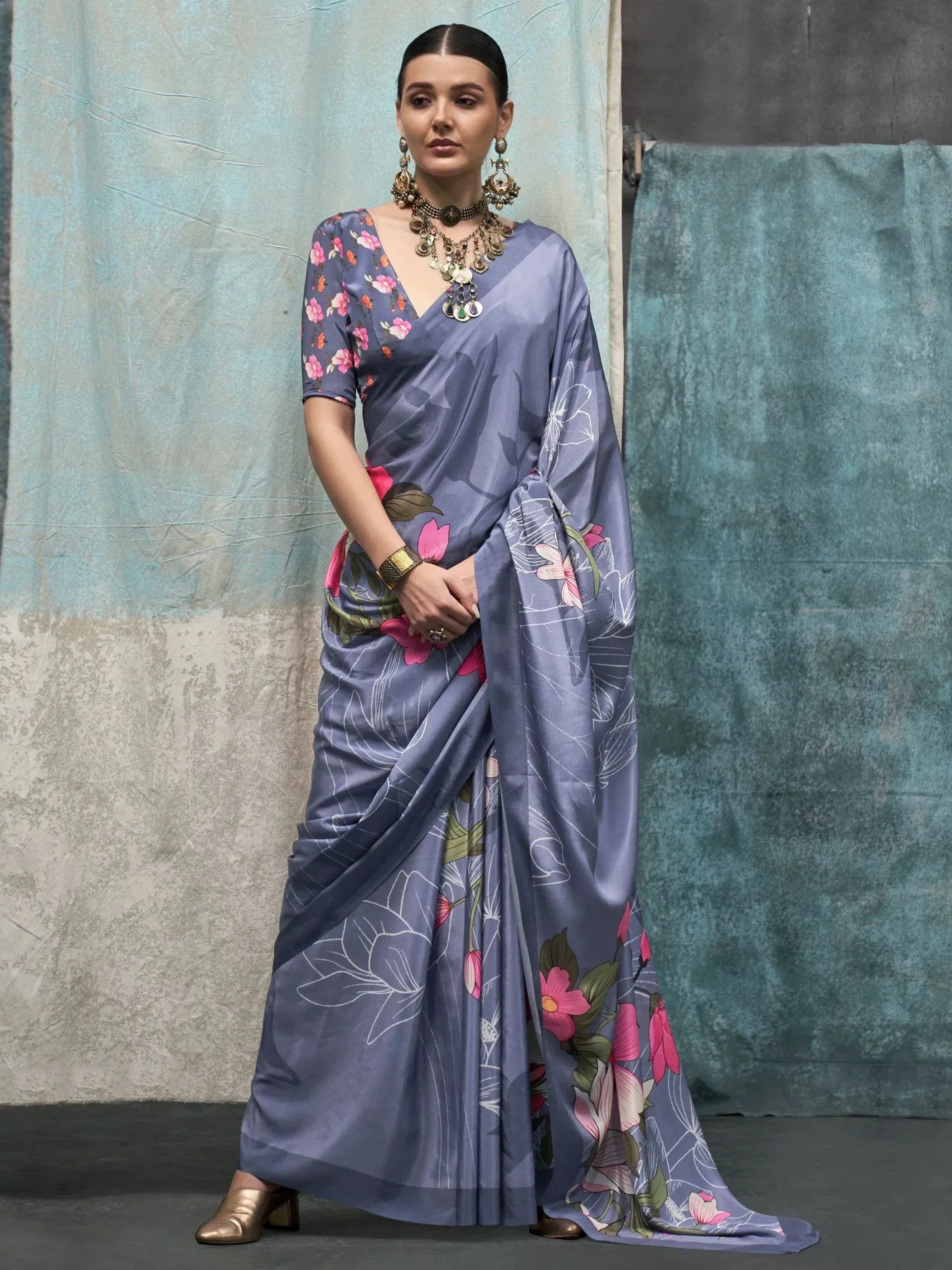 Blue floral print saree with matching blouse, Indian ethnic wear for women