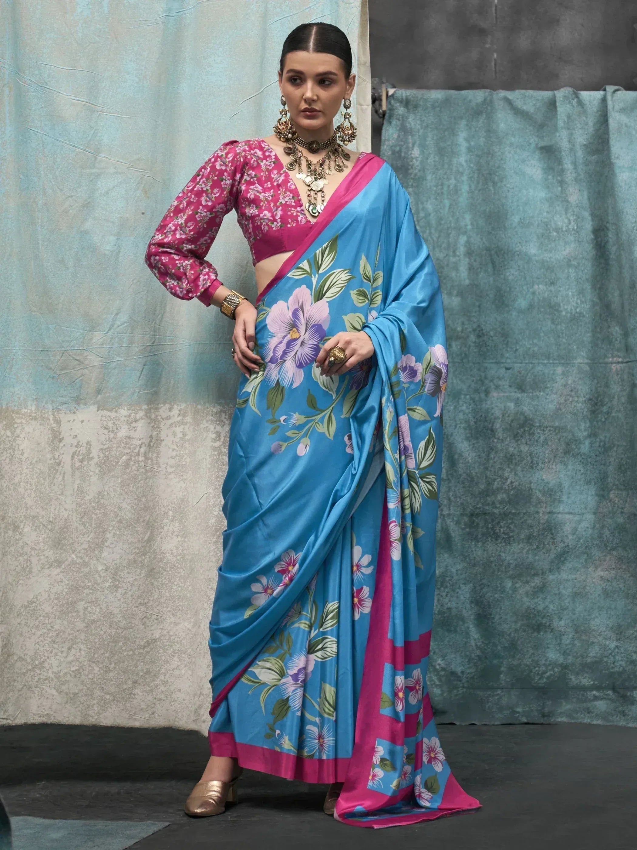 Blue floral saree with pink border and matching blouse, Indian ethnic wear