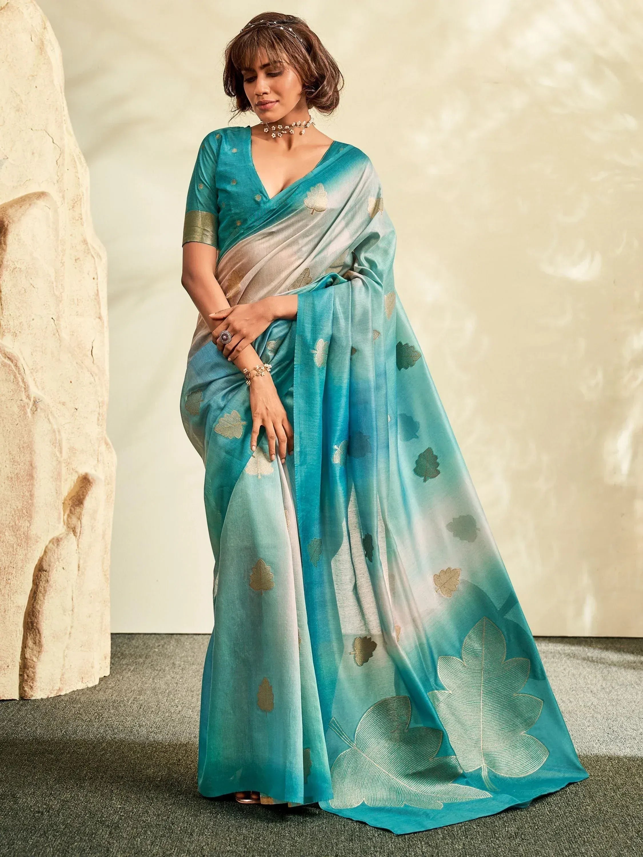 Teal and silver saree with leaf print, Indian ethnic wear for women