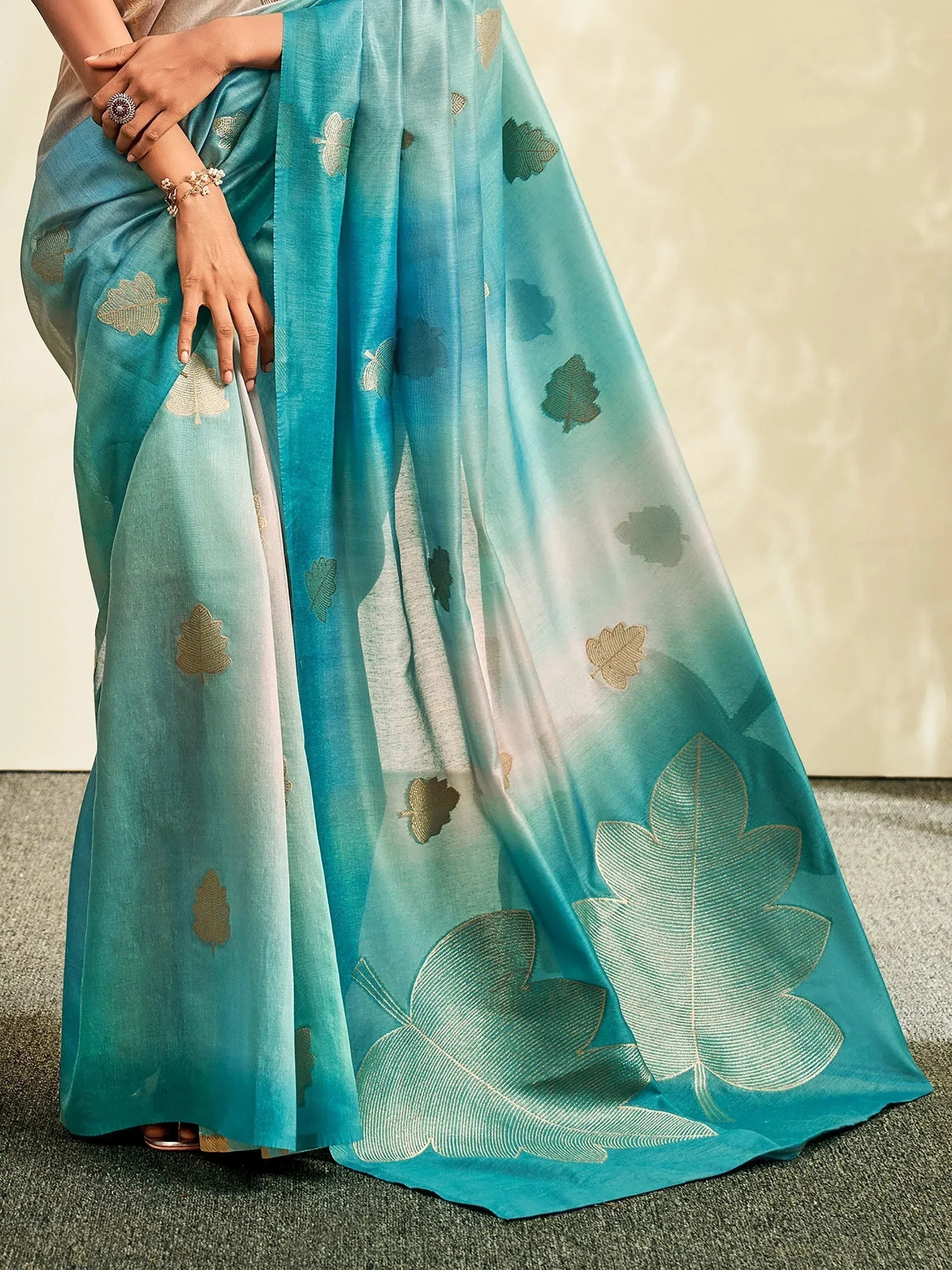 Teal blue saree with gold leaf embroidery, Indian ethnic wear for women