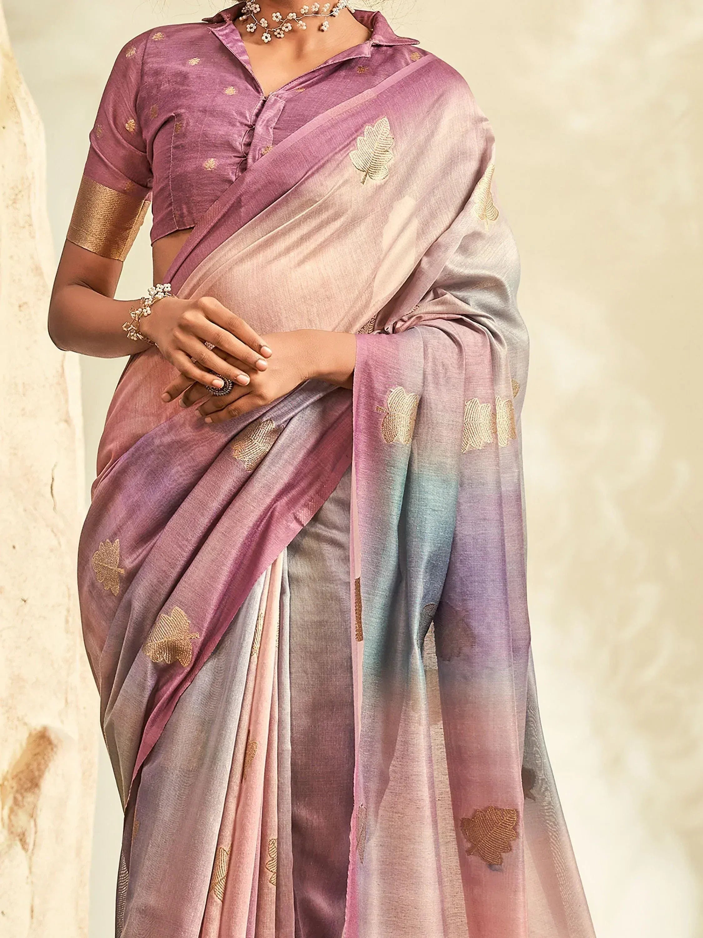 Pastel ombre saree with gold leaf embroidery, paired with matching blouse for ethnic wear