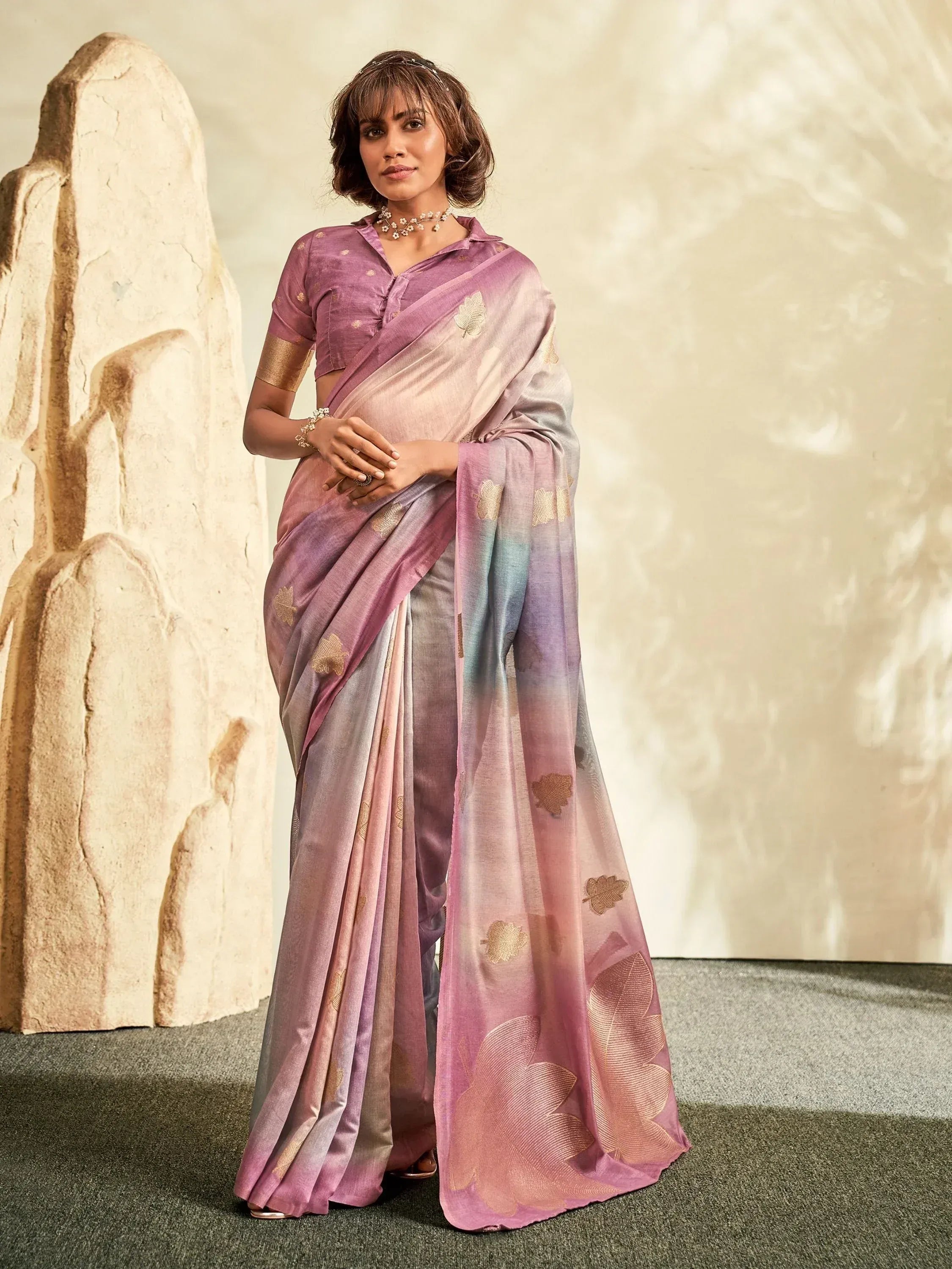 Woman in elegant ombre saree with gold leaf print, perfect for Indian ethnic wear occasions