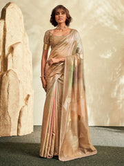 Beautiful Light Brown Thread work Silk Traditional Saree With Blouse