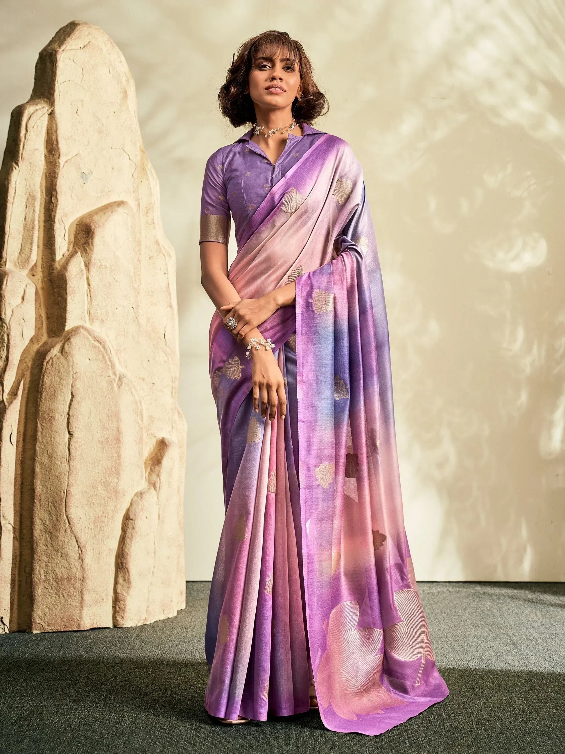 Woman in purple and pink ombre saree with leaf motifs, Indian ethnic wear