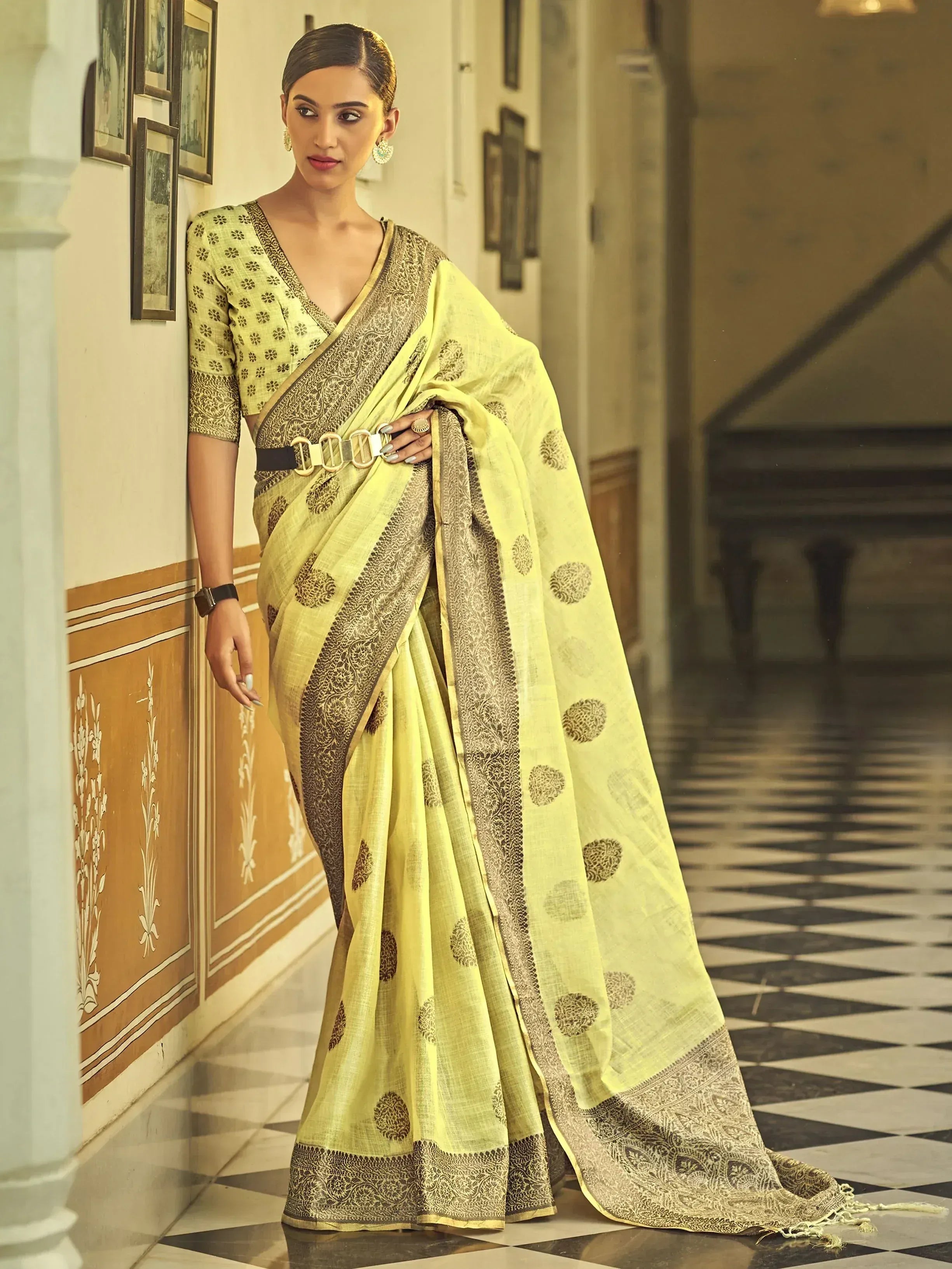 Yellow printed saree with gold border, ethnic wear for women, designer Indian saree with belt