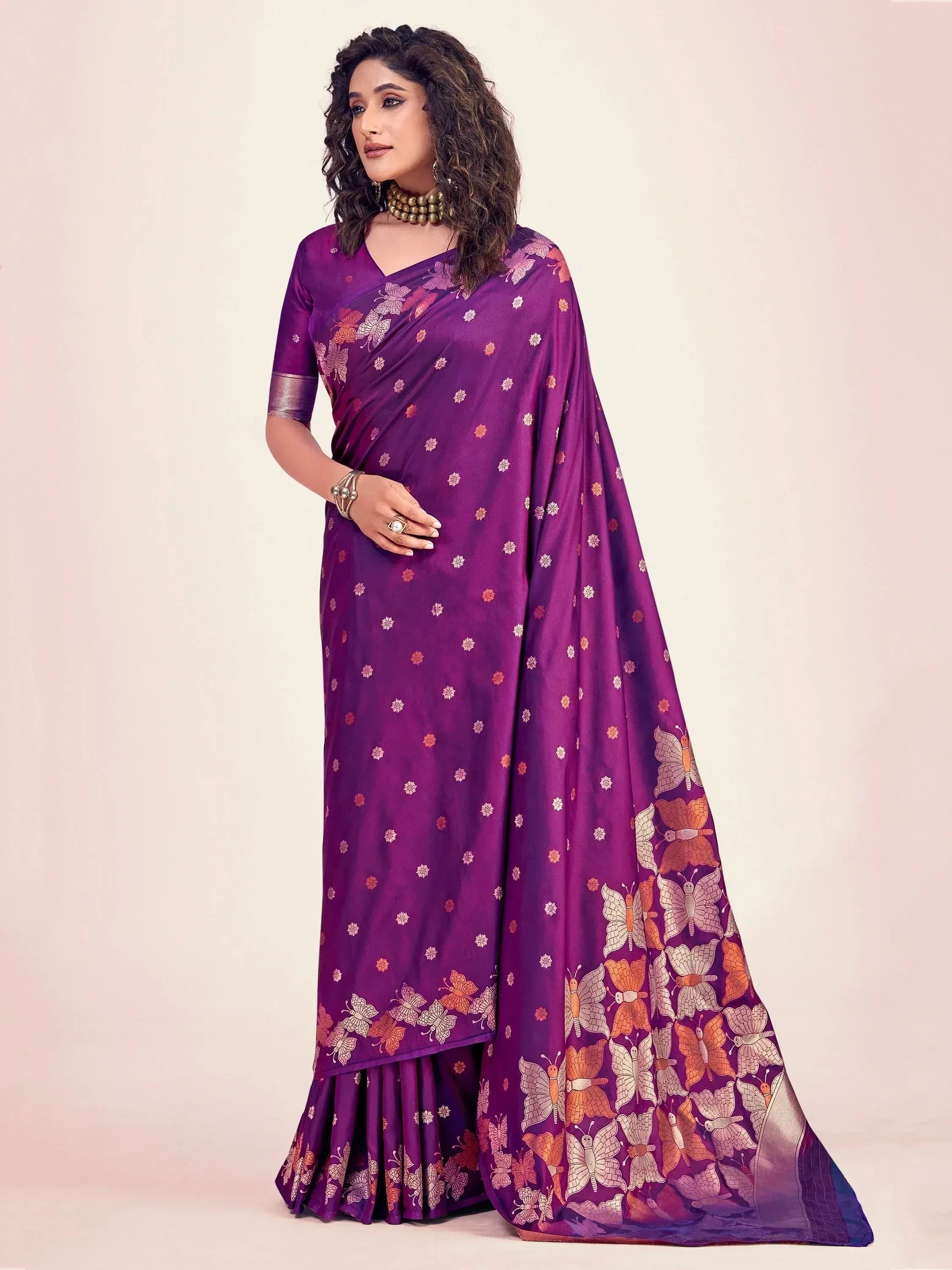 Purple butterfly print saree with floral motifs, ethnic wear for women