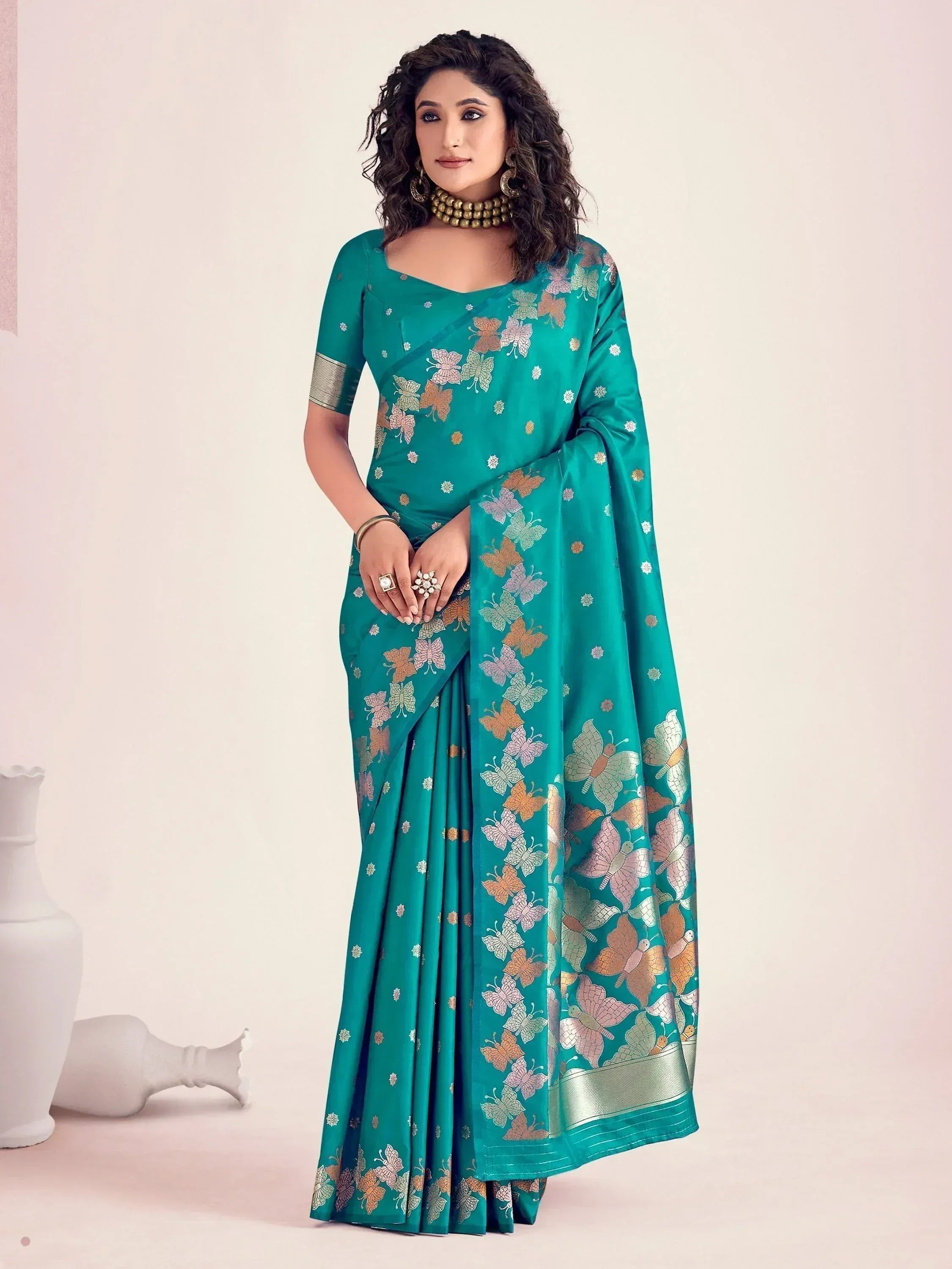 Teal saree with butterfly print, ethnic wear for women, designer Indian saree with gold border