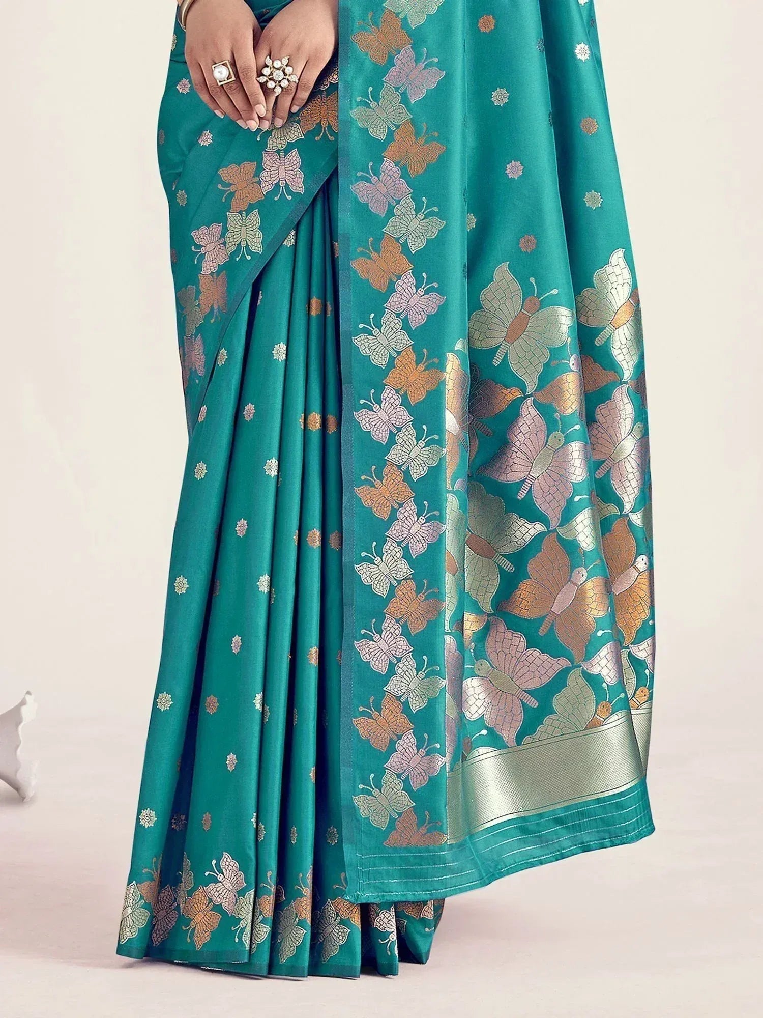 Teal saree with colorful butterfly print and gold border, Indian ethnic wear