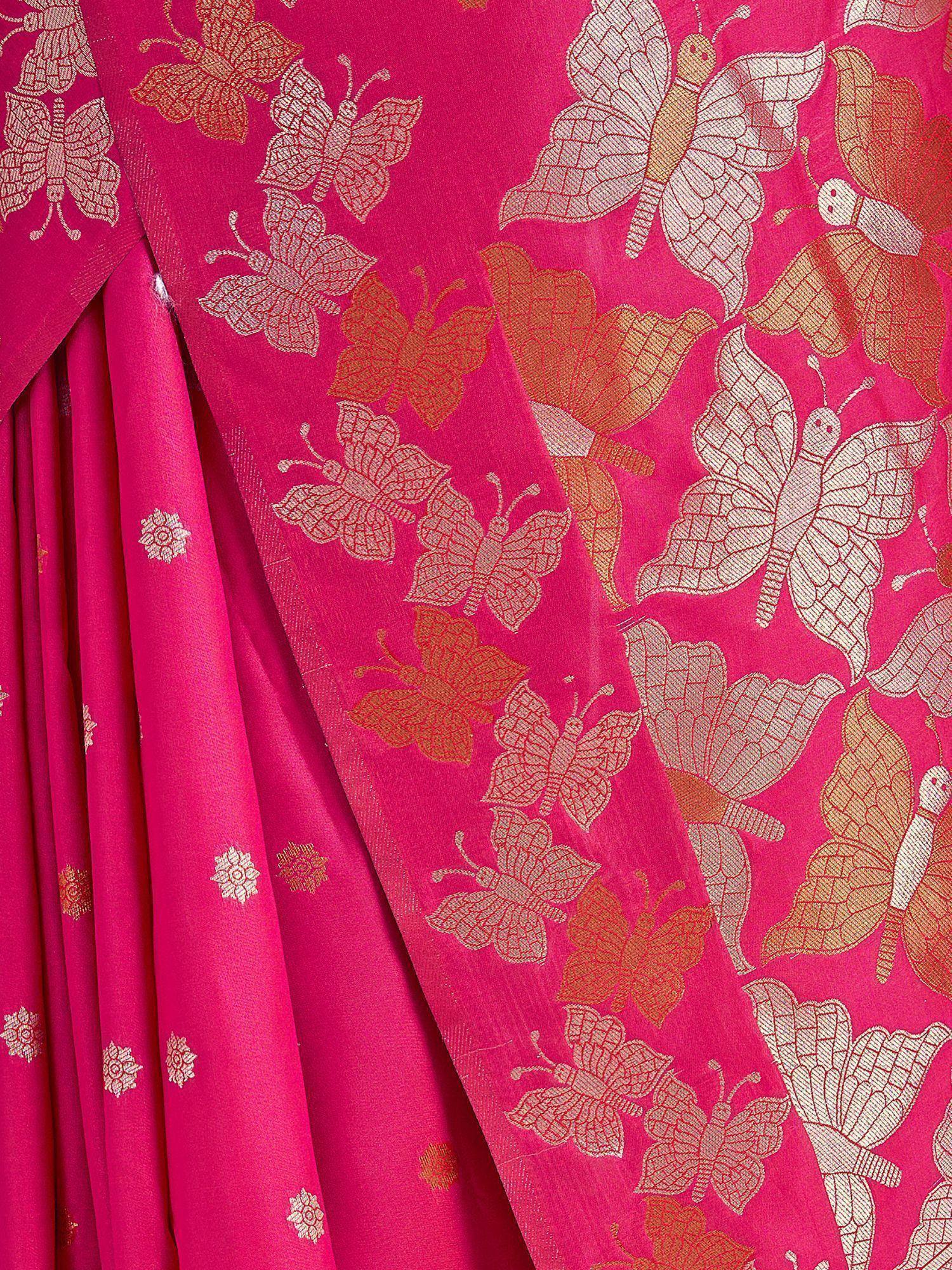 Pink ethnic saree with gold butterfly and floral woven motifs, perfect for festive occasions