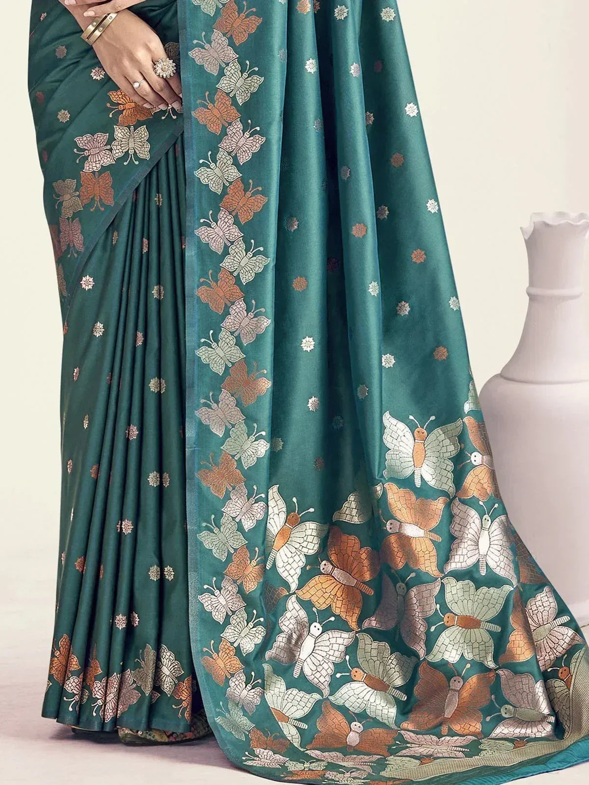 Teal saree with butterfly print, Indian ethnic wear for women, festive designer saree