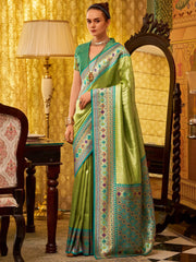 Beautiful Green Zari Weaving Tissue Silk Traditional Saree With Blouse