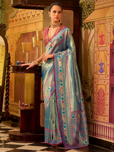 Mesmerizing Teal Blue Zari Weaving Tissue Silk Event Wear Saree