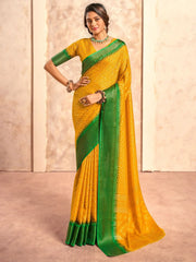 Precious Yellow Foil Printed Dola Silk Haldi Wear Saree With Blouse