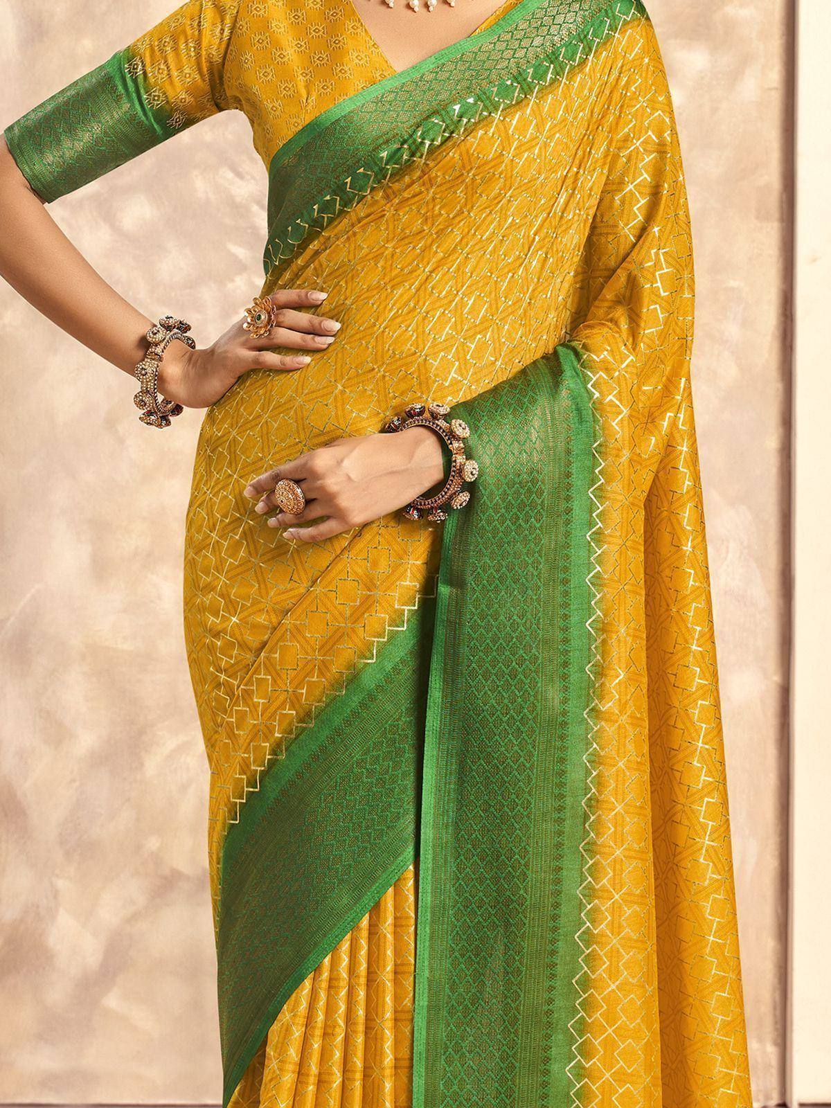 Yellow and green ethnic saree with geometric print and matching blouse, perfect for Indian occasions