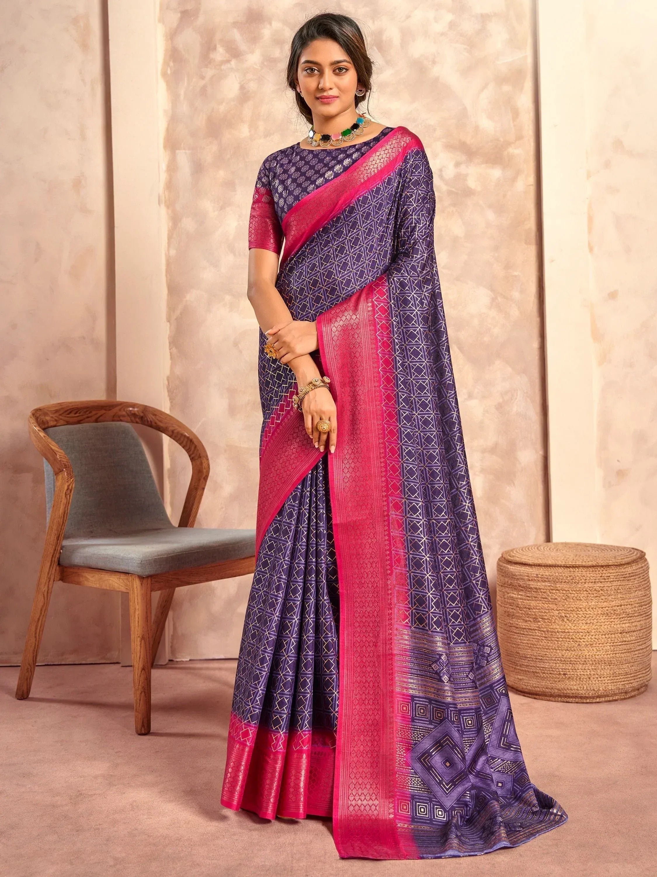 Purple and pink designer saree with geometric print, perfect for Indian ethnic wear occasions