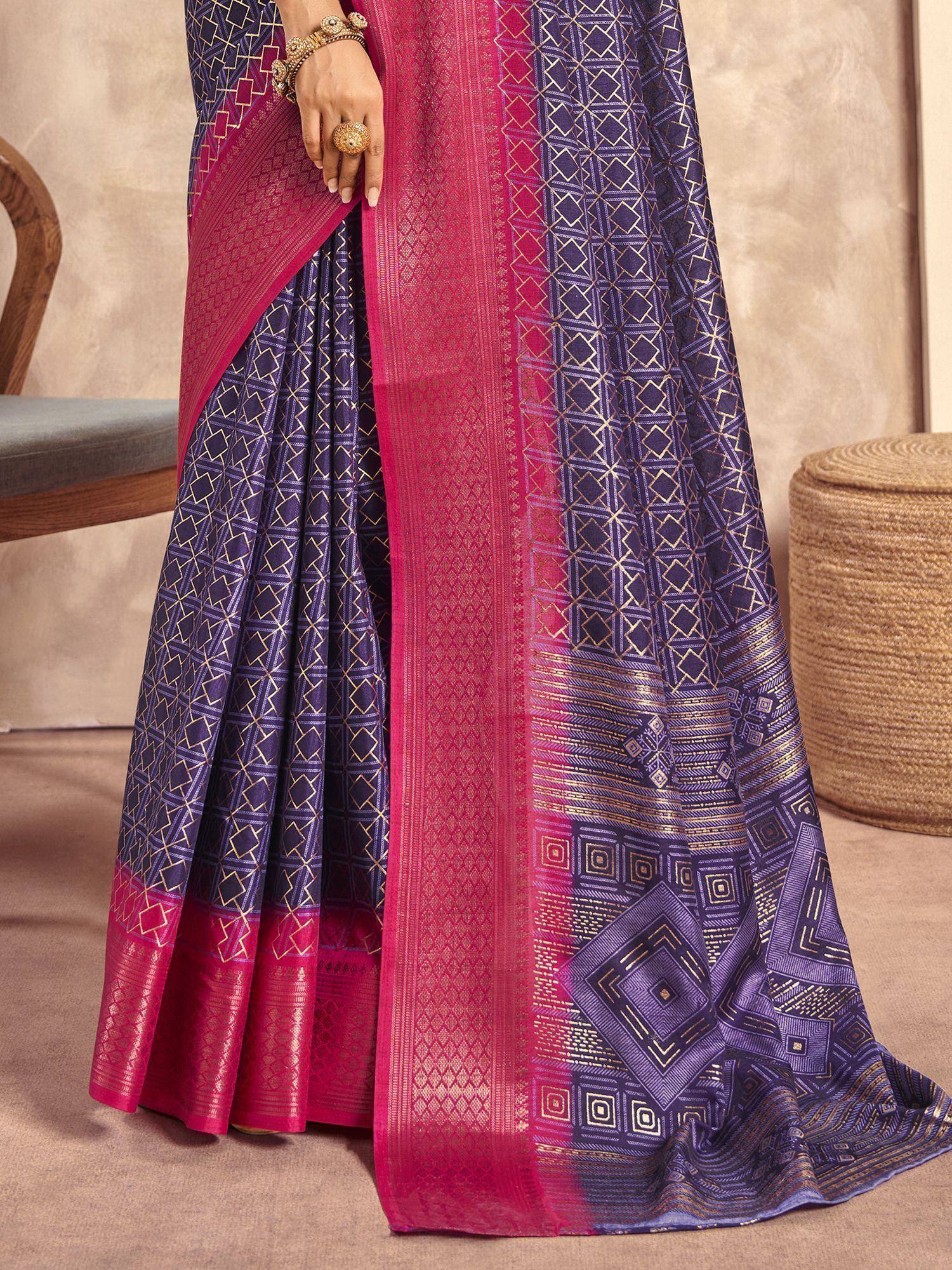 Purple and pink geometric patterned saree with gold zari, perfect for Indian ethnic occasions
